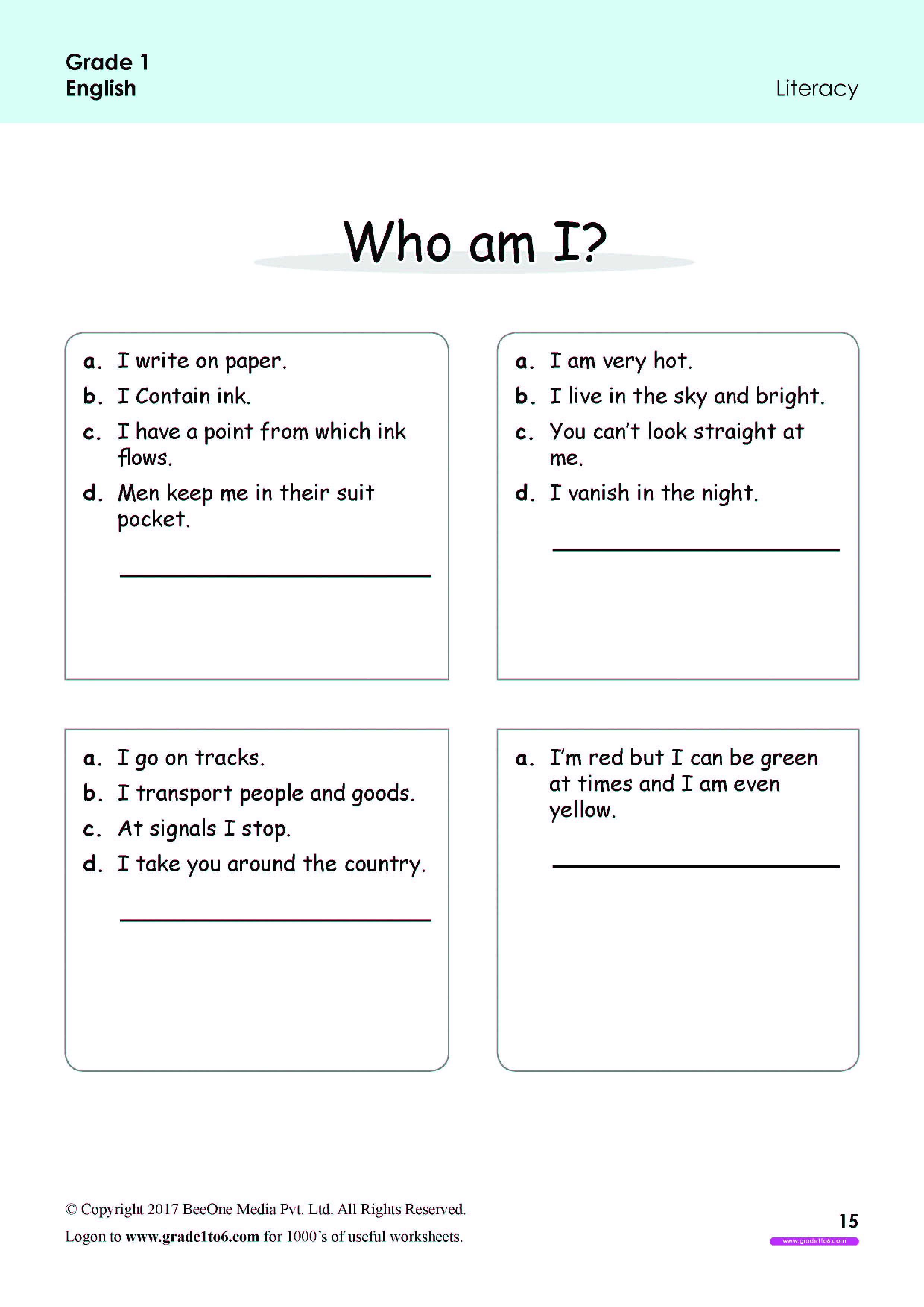 Who am I? Literacy Worksheets for Grade 22www.grade22to22.com Intended For Who Am I Worksheet