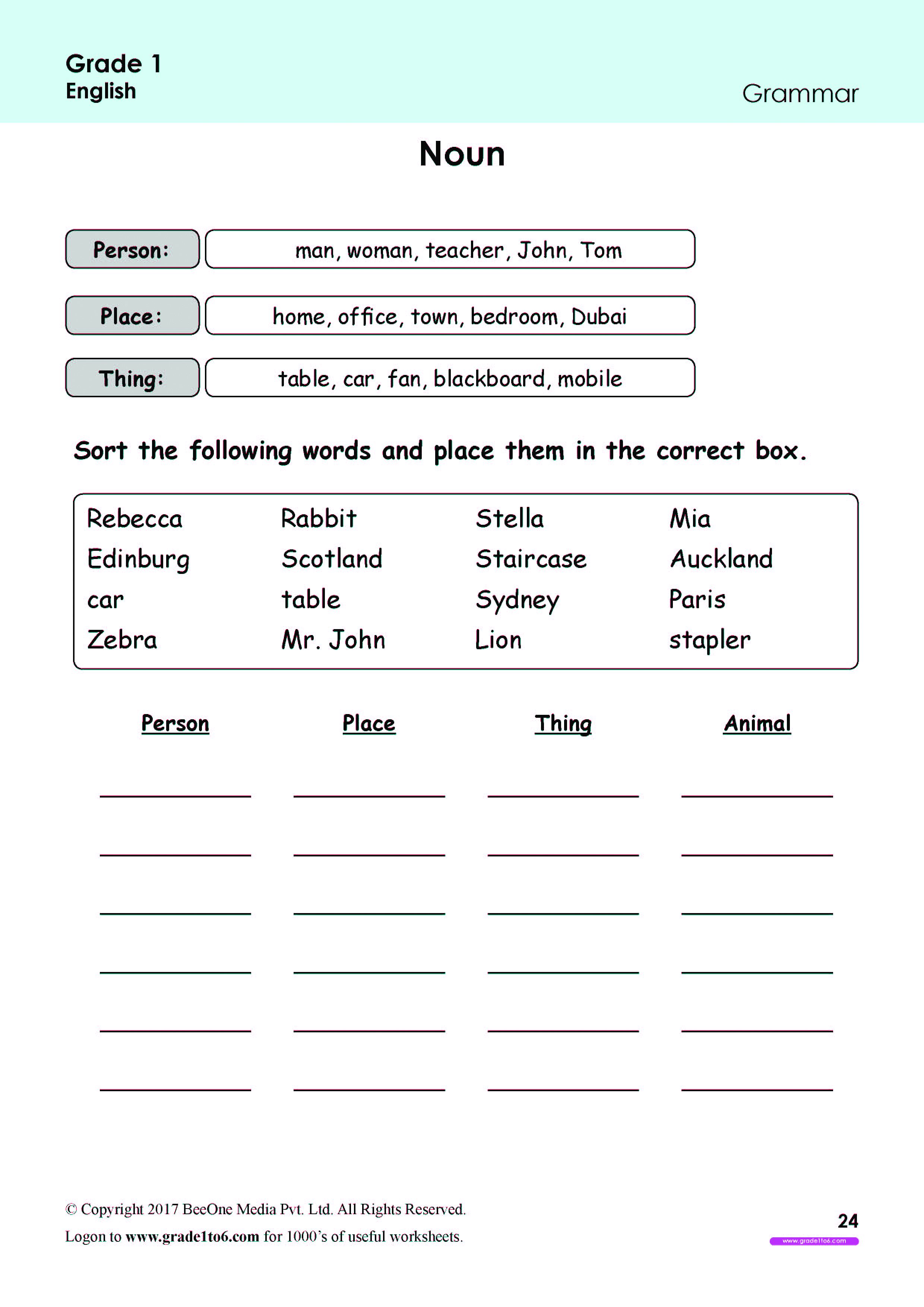 sorting nouns worksheets www grade1to6 com