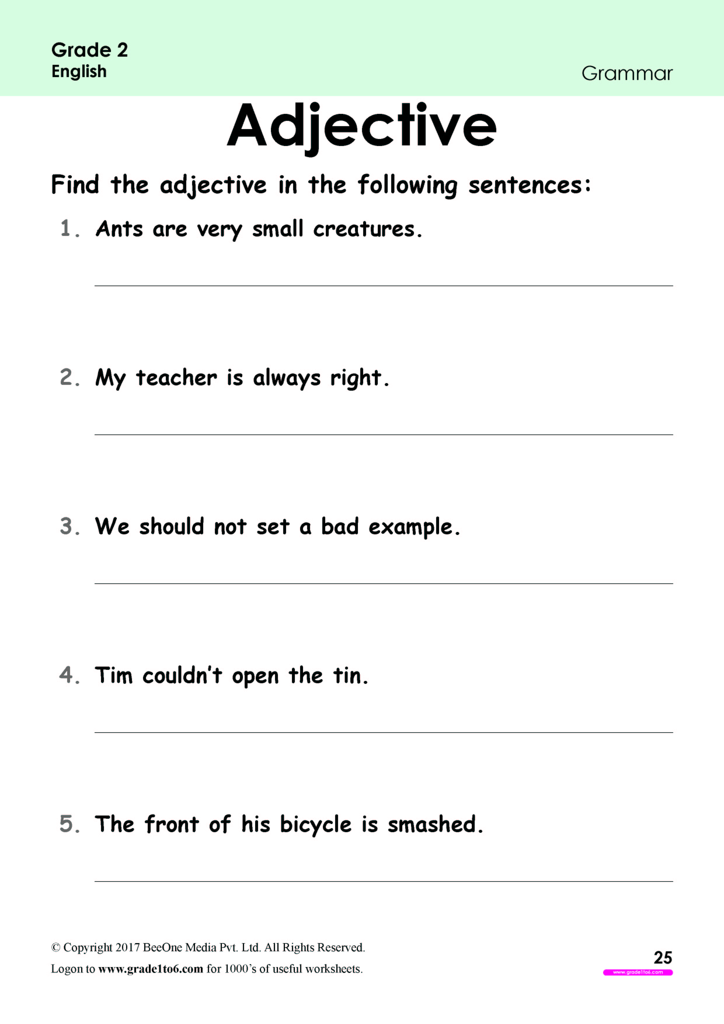 Adjective Worksheets for Grade 221www.grade21to21.com Regarding English Worksheet For Grade 2