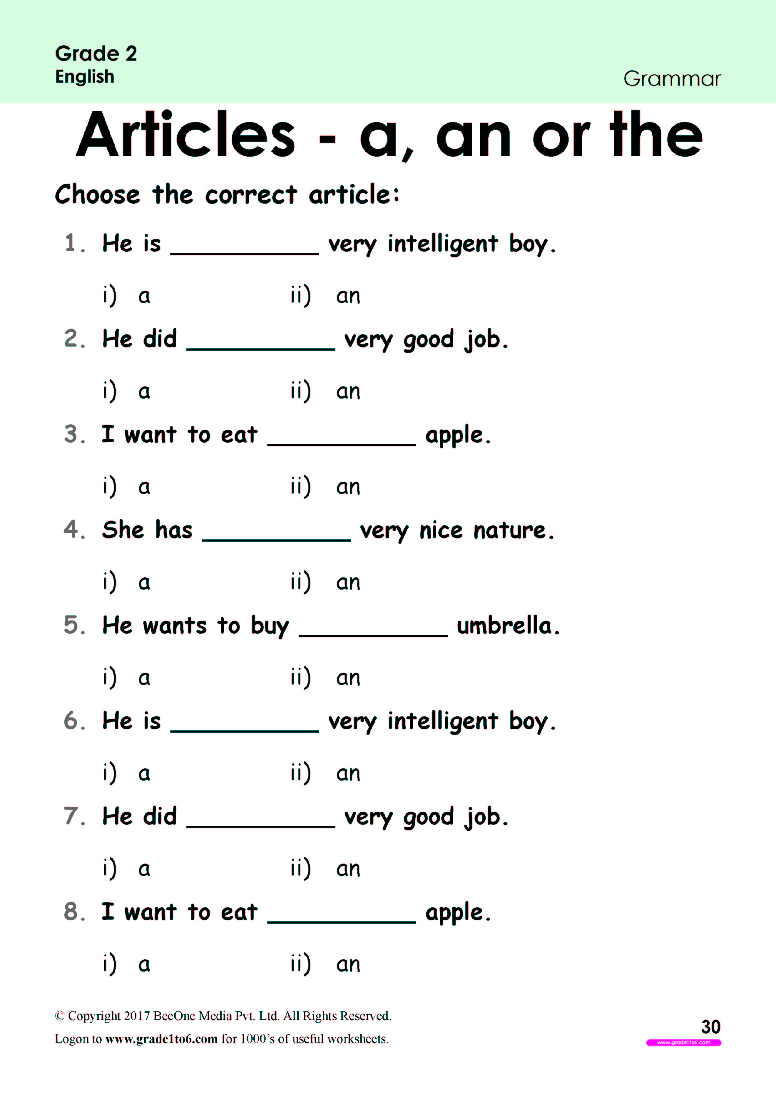 English Articles Worksheet For Grade 6