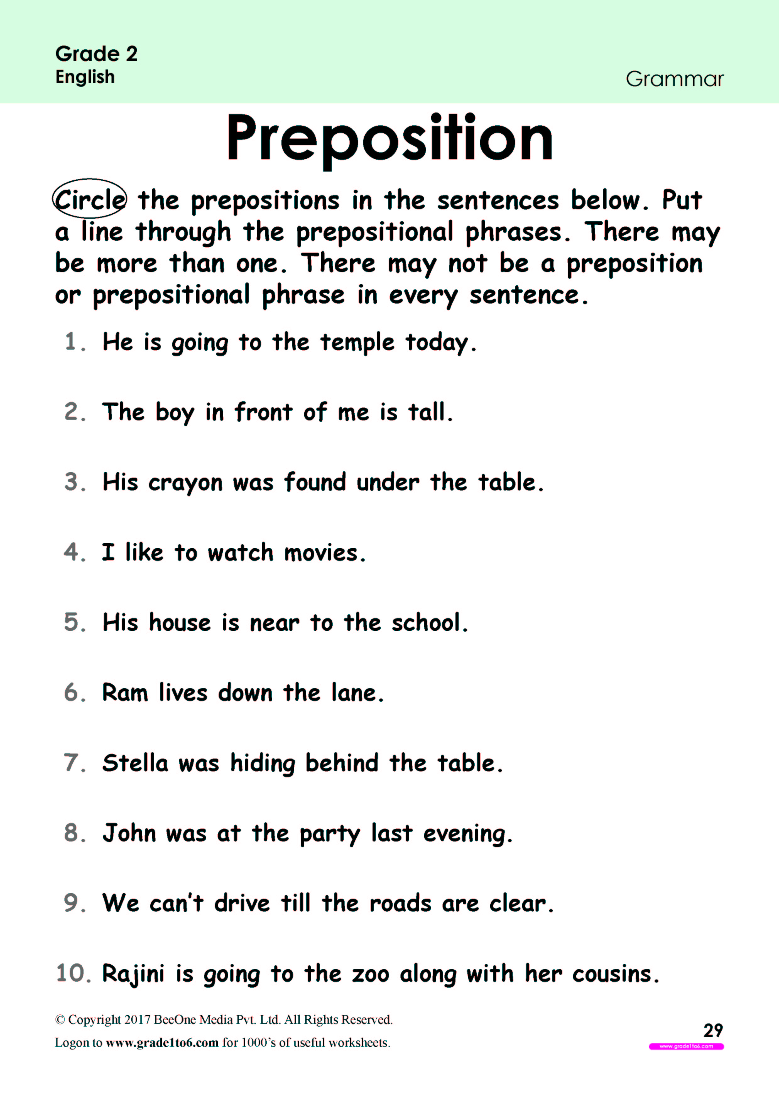 English Preposition Worksheets For Class 2
