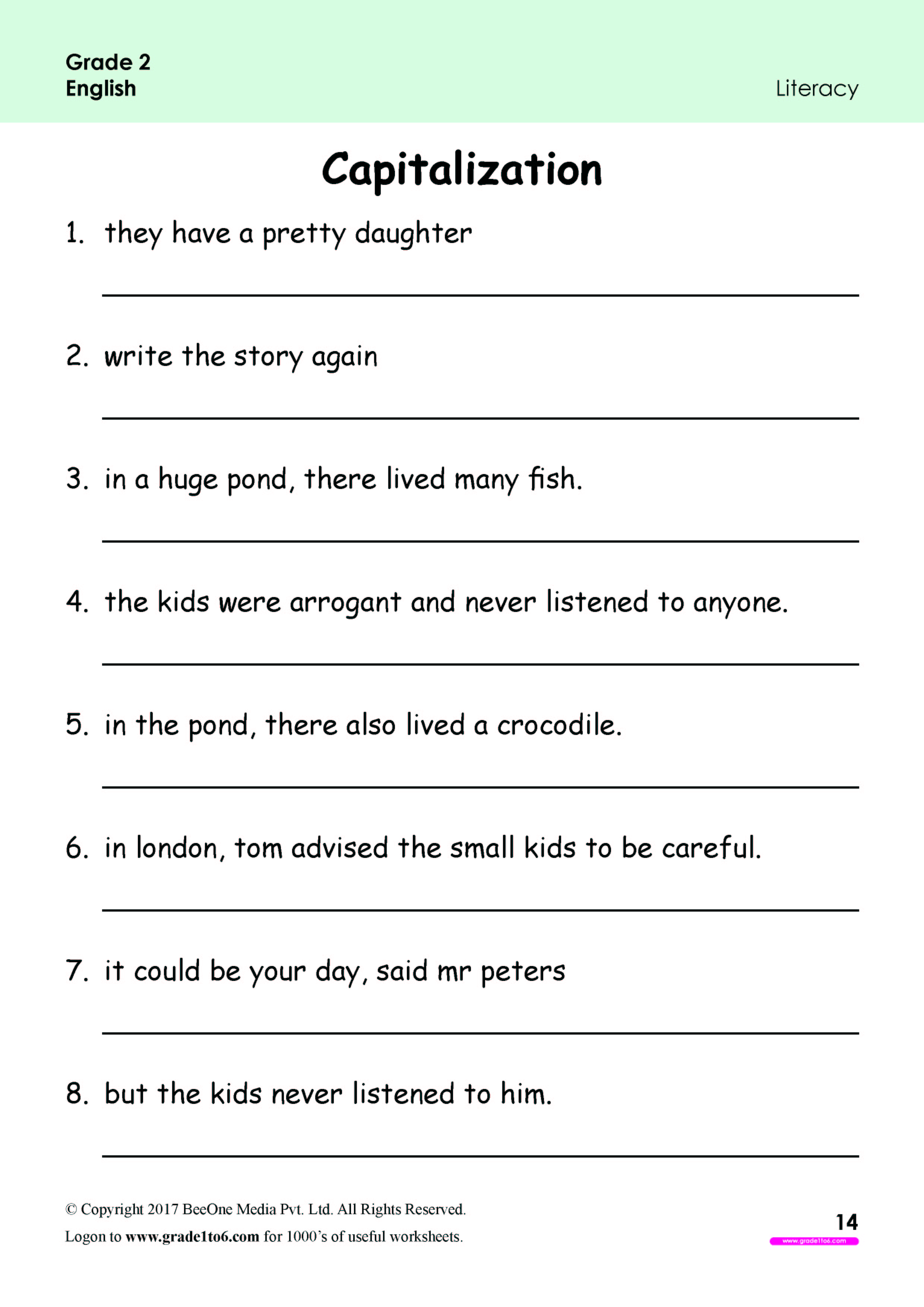 5th And 7th Grade English Worksheets Capitalization