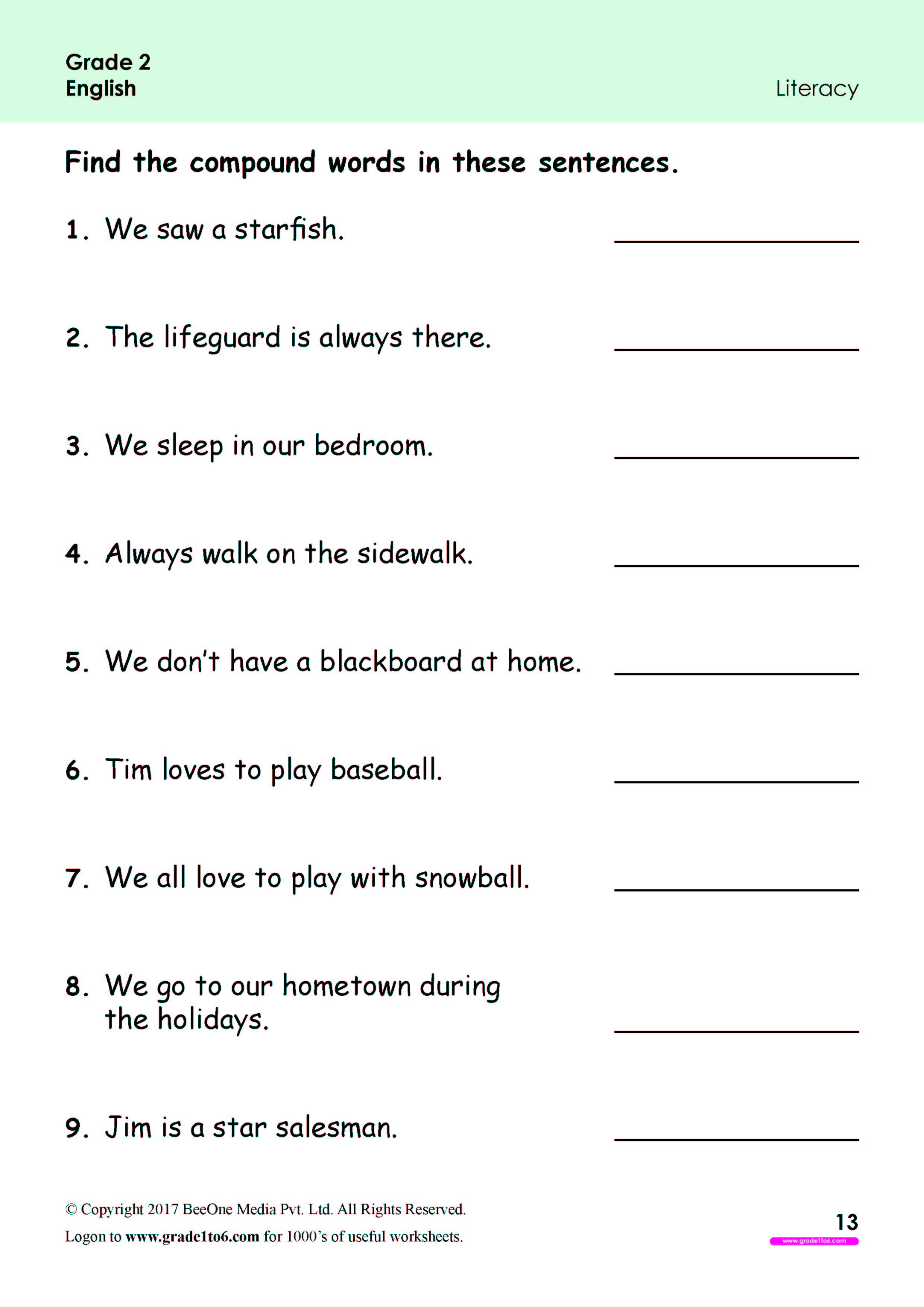 compound words in sentences worksheet www grade1to6 com
