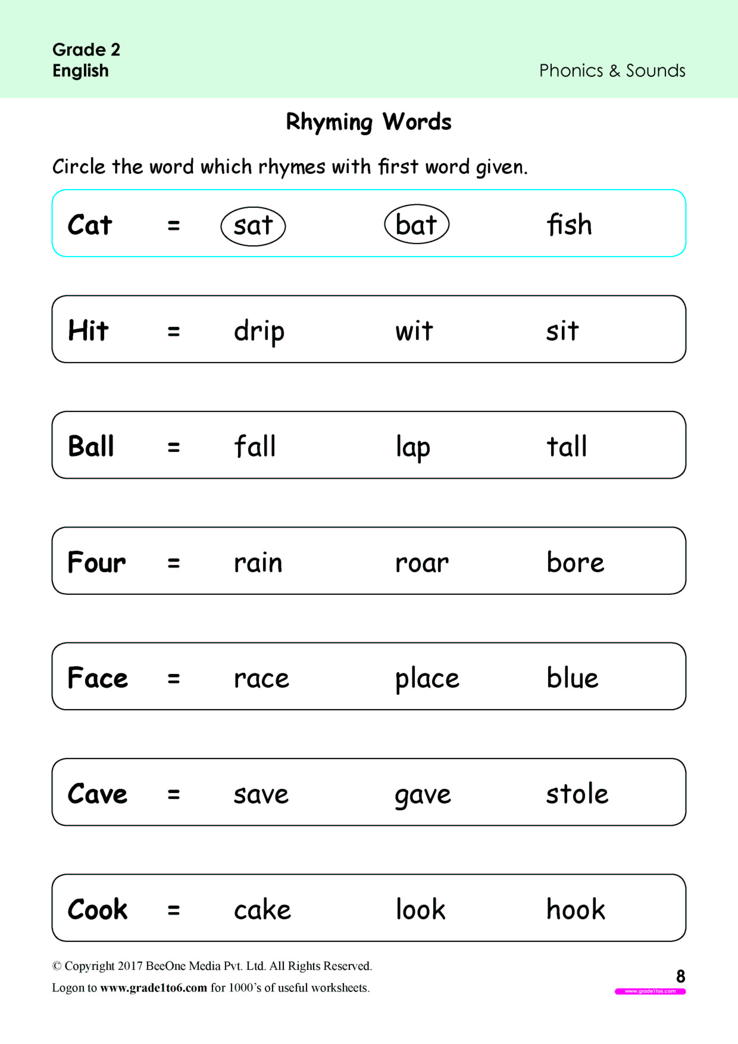 Rhyming Words Worksheets For Grade 2 www grade1to6