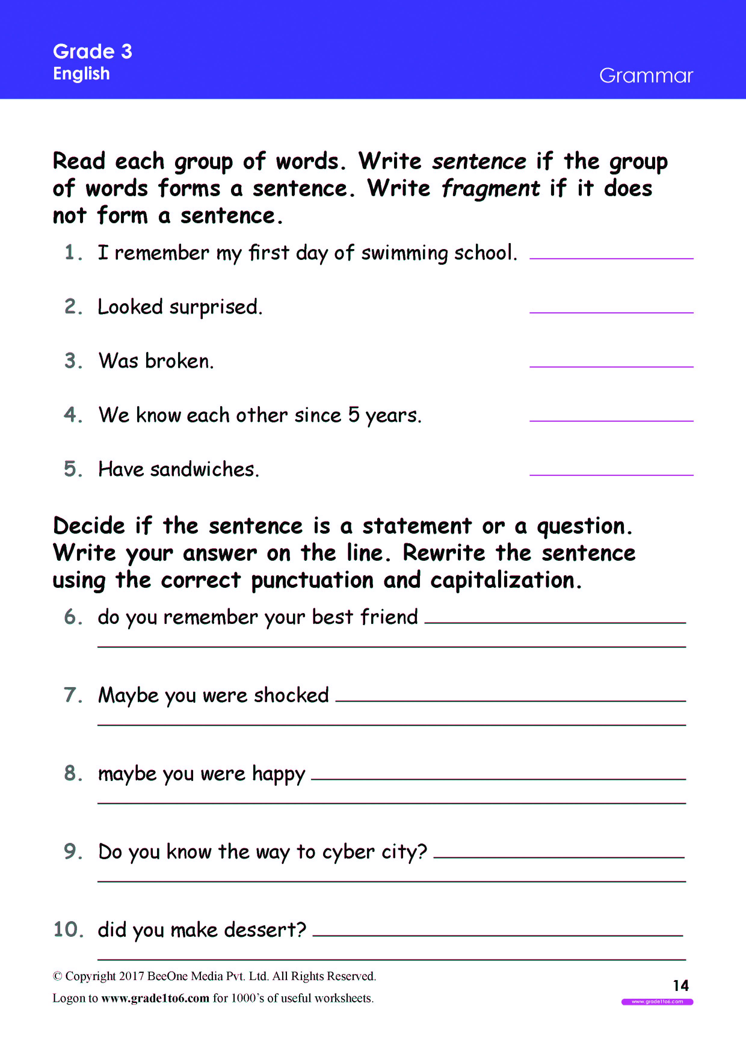 Sentences or Fragment Worksheet www.grade22to22.com In Sentence Or Fragment Worksheet