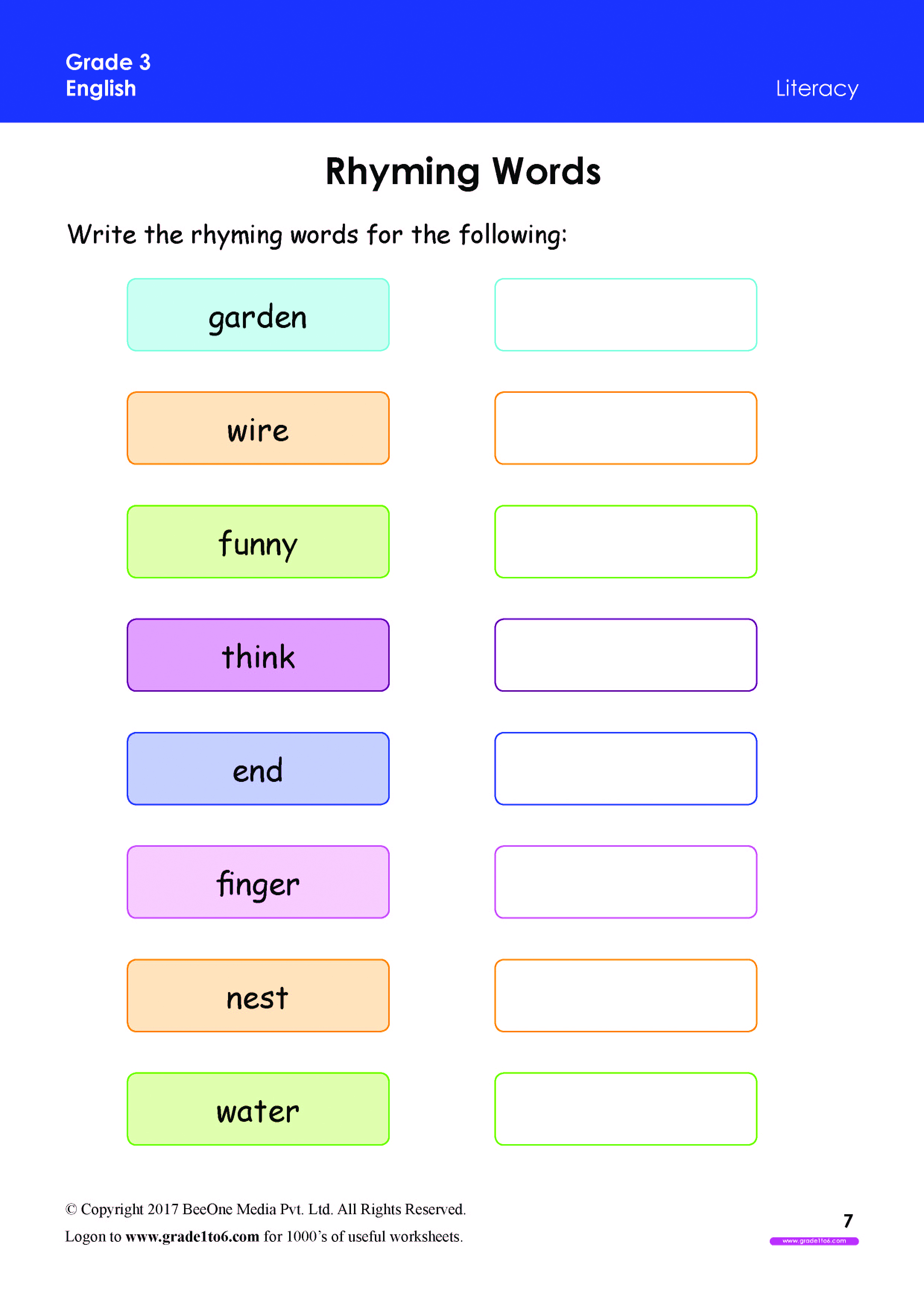 worksheet for grade 3 rhyming words