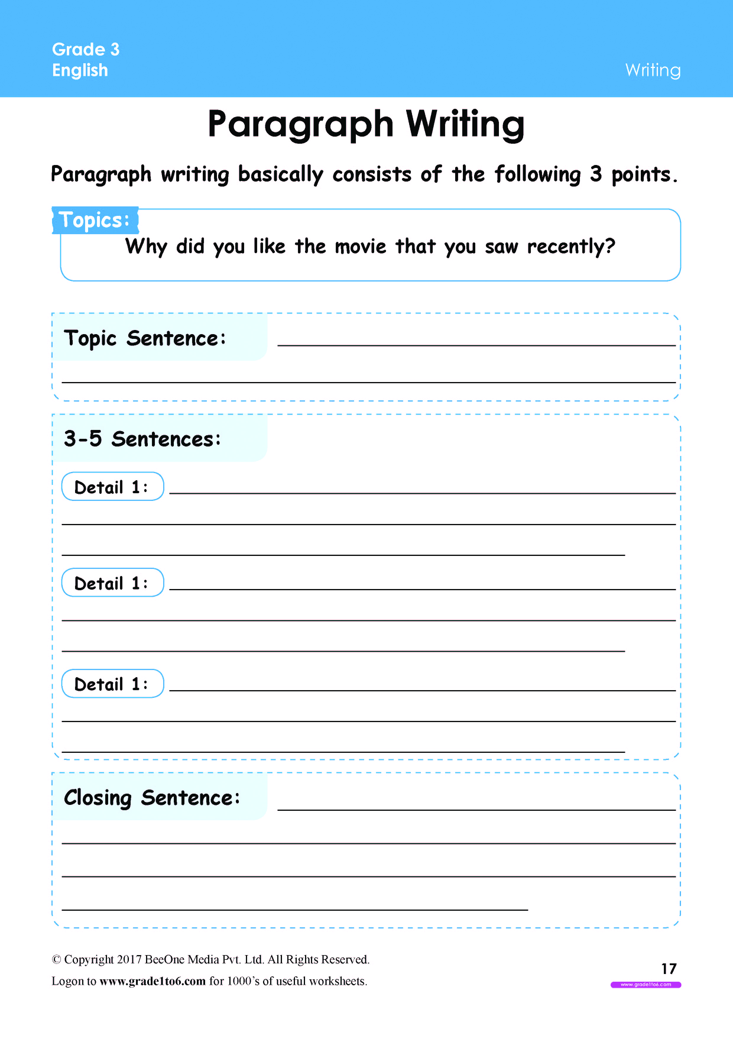 Paragraph Writing Worksheet Grade 20www.grade20to20.com Intended For Writing A Paragraph Worksheet