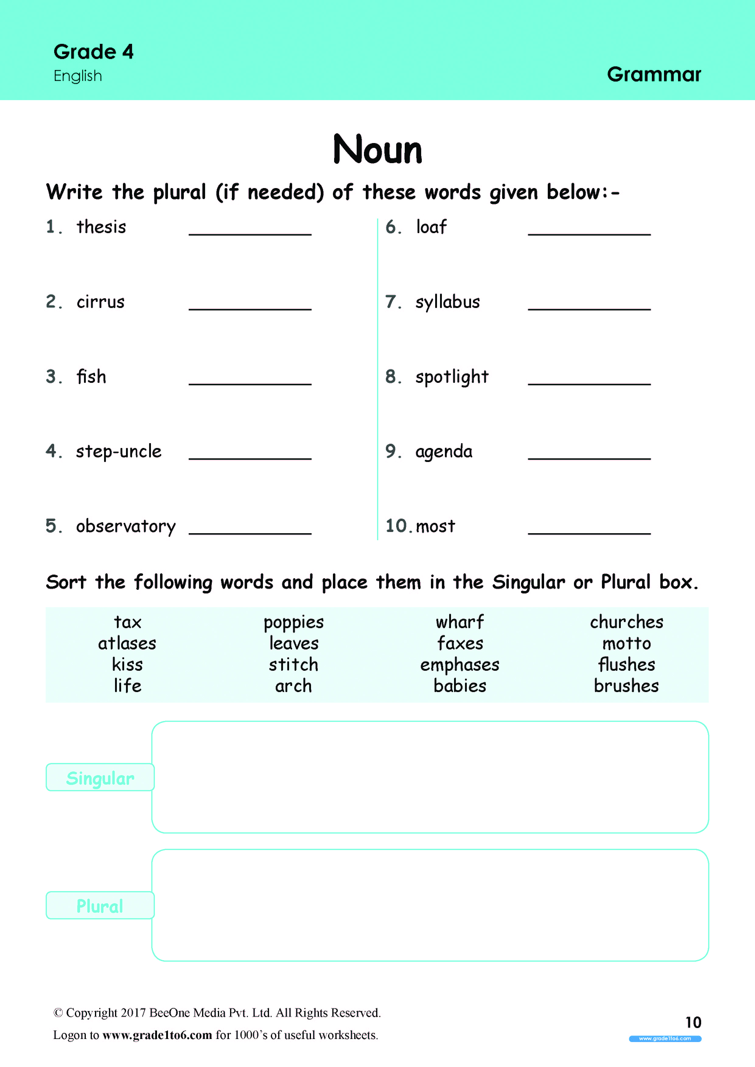 Singular Plural Nouns Worksheet For Grade 4