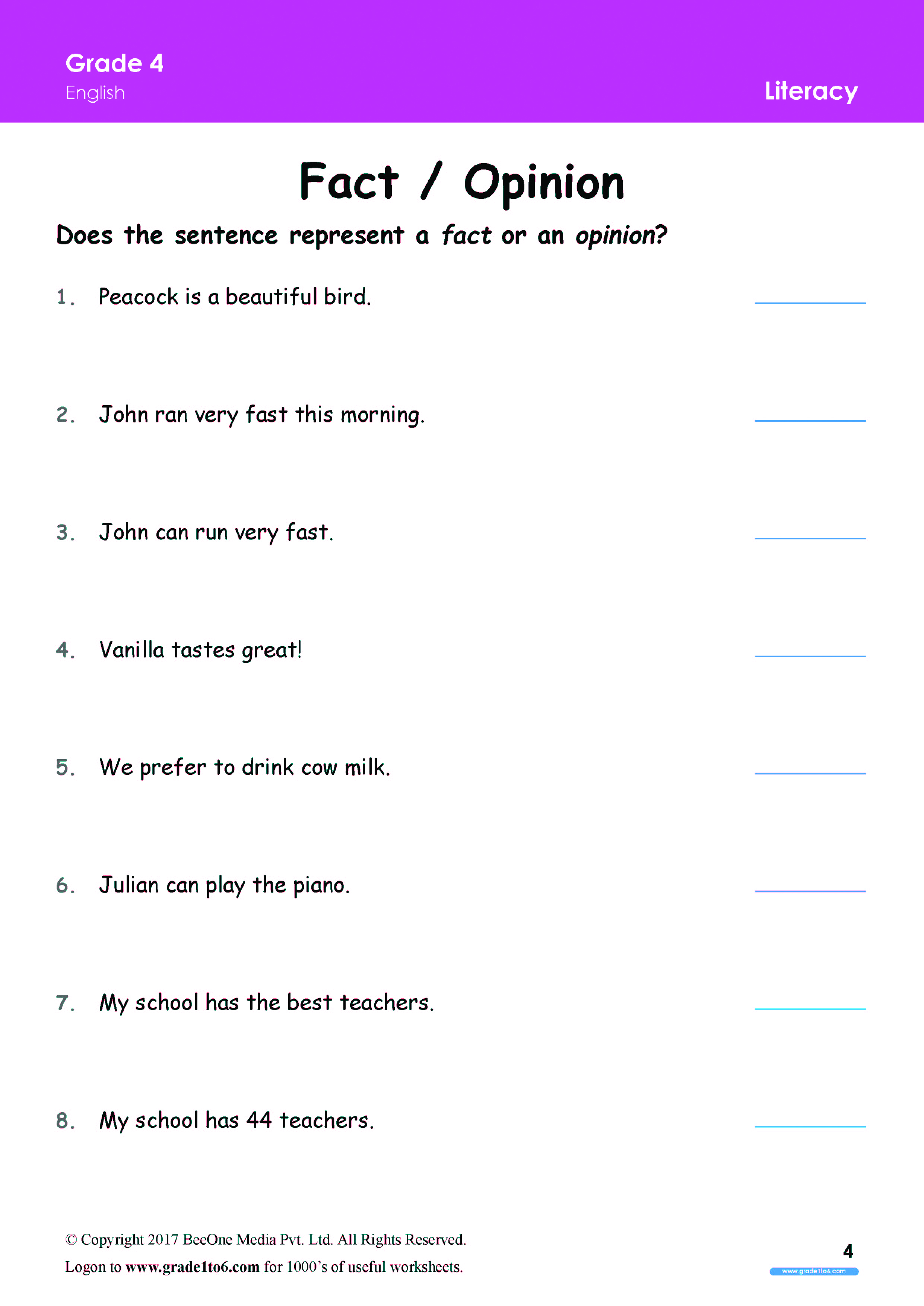 Fact And Opinion Worksheets For Grade Grade To Com