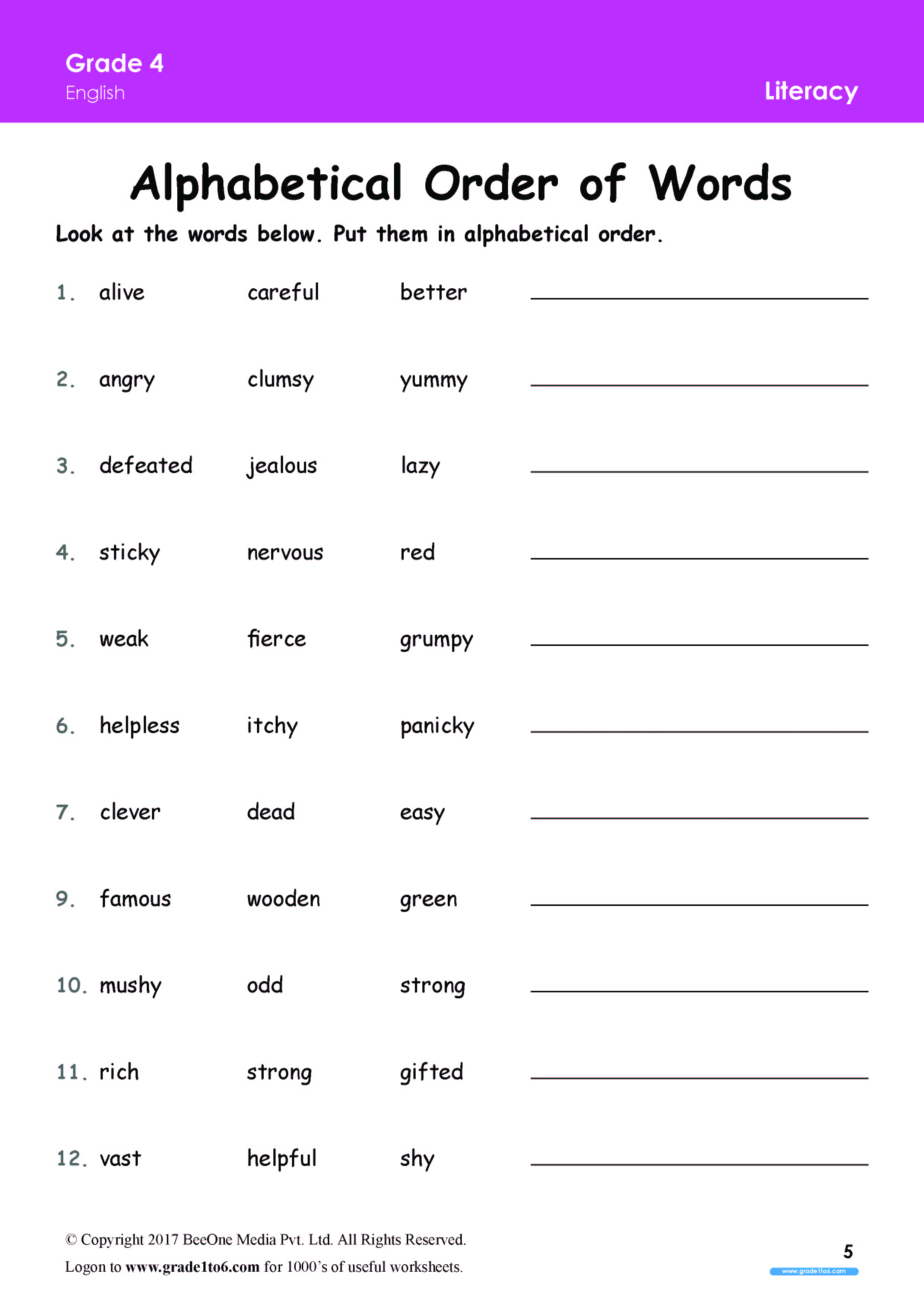 Alphabetical Order worksheets Grade 4|www.grade1to6.com