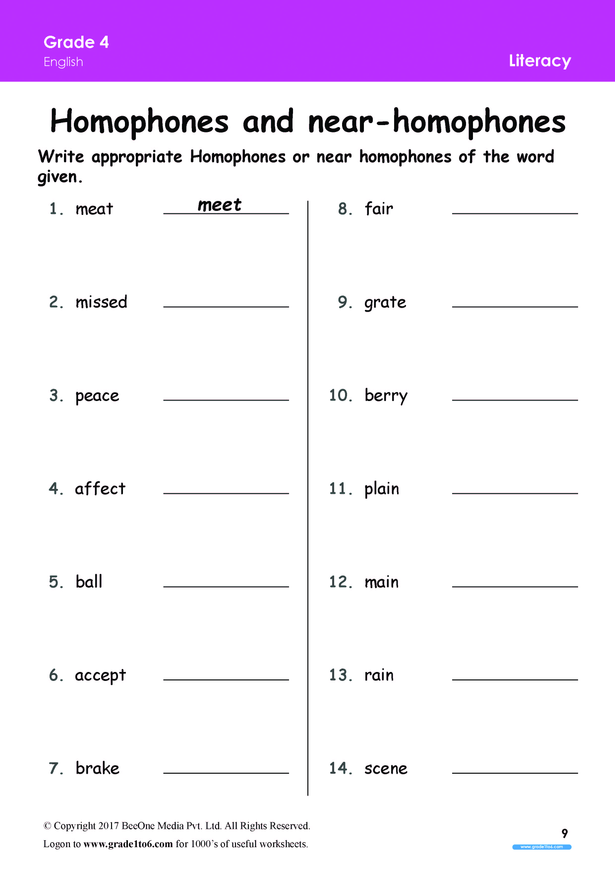 homophones worksheets grade 4 www grade1to6 com