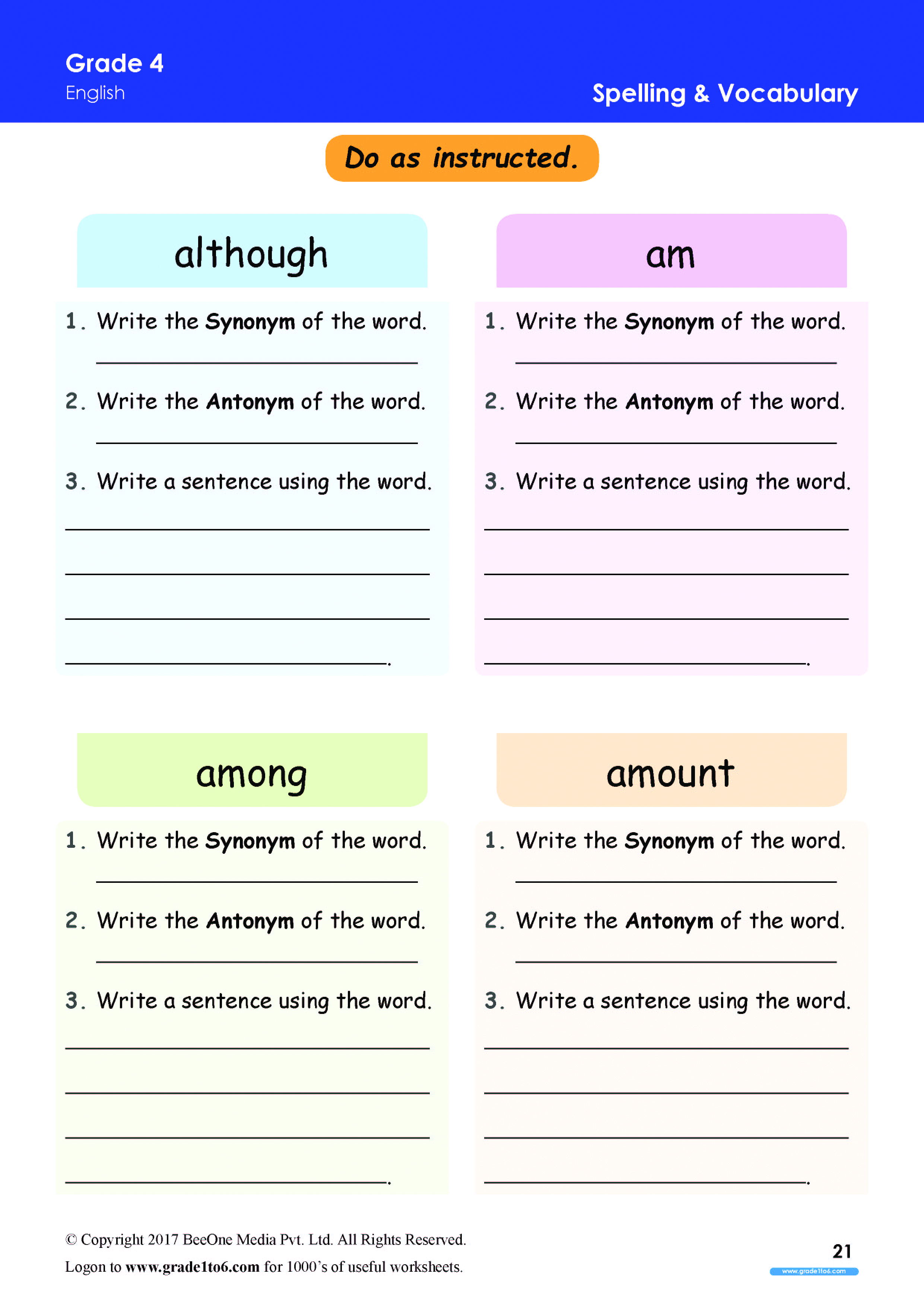 vocabulary worksheets grade 4 www grade1to6 com
