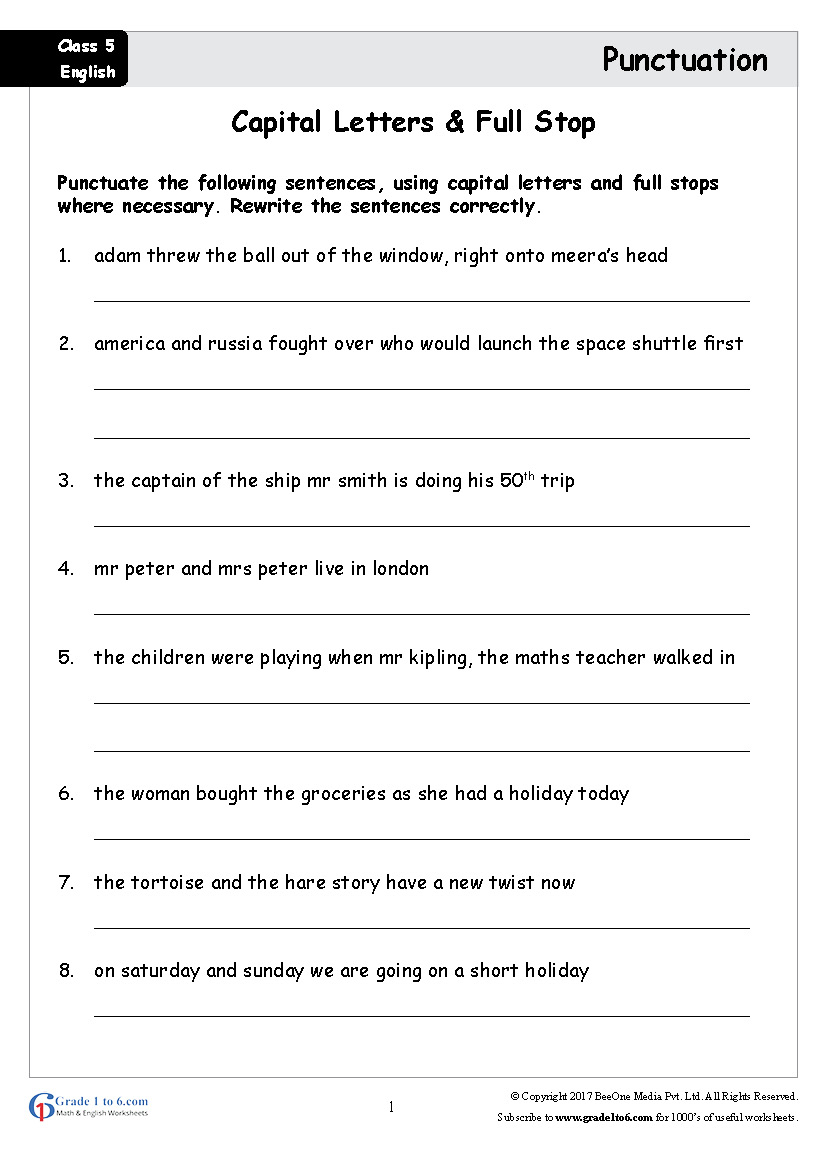 5th Class English Punctuation Worksheets|www.grade1to6.com