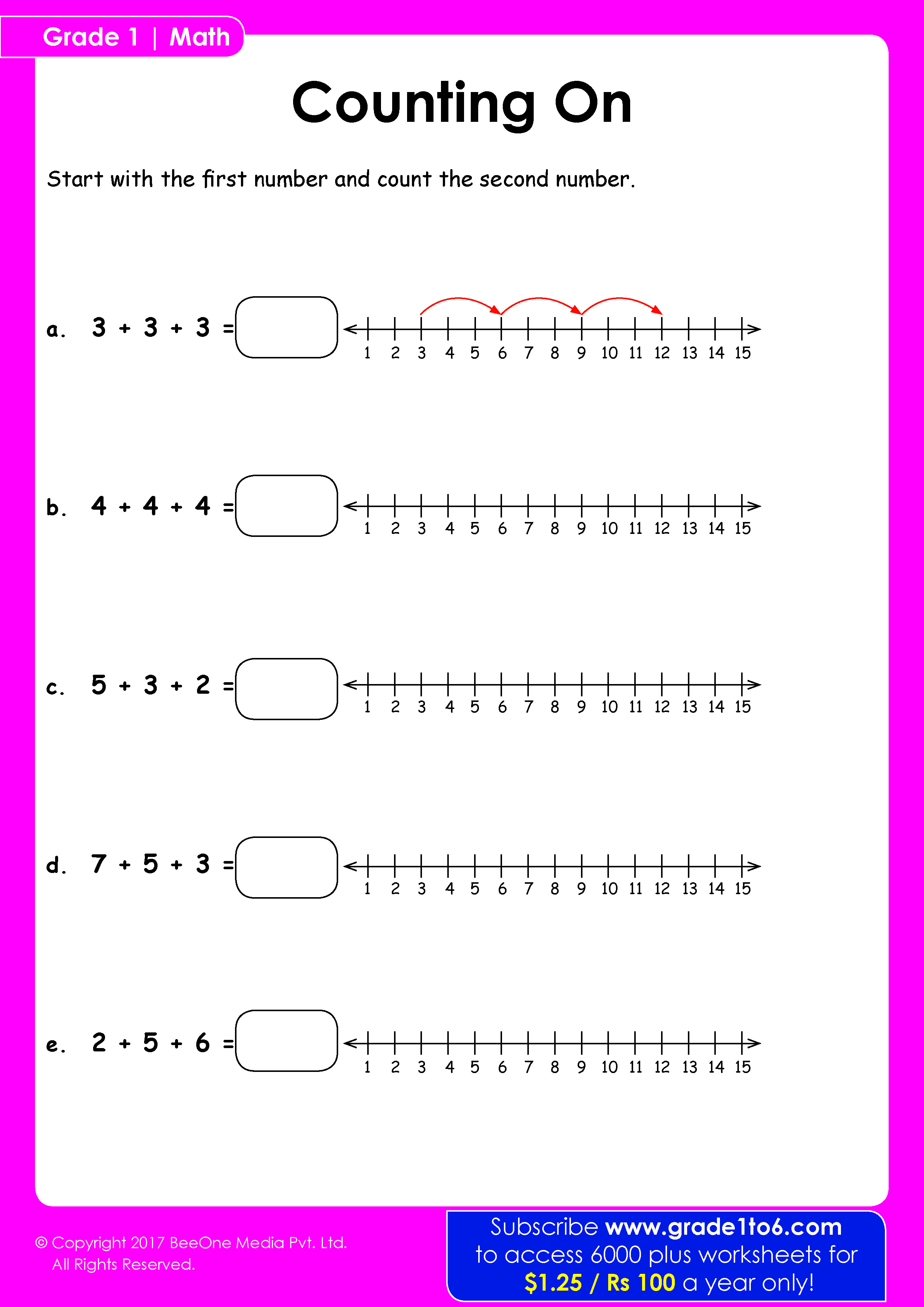 Count on with Number Line Worksheets | Grade1to6.com