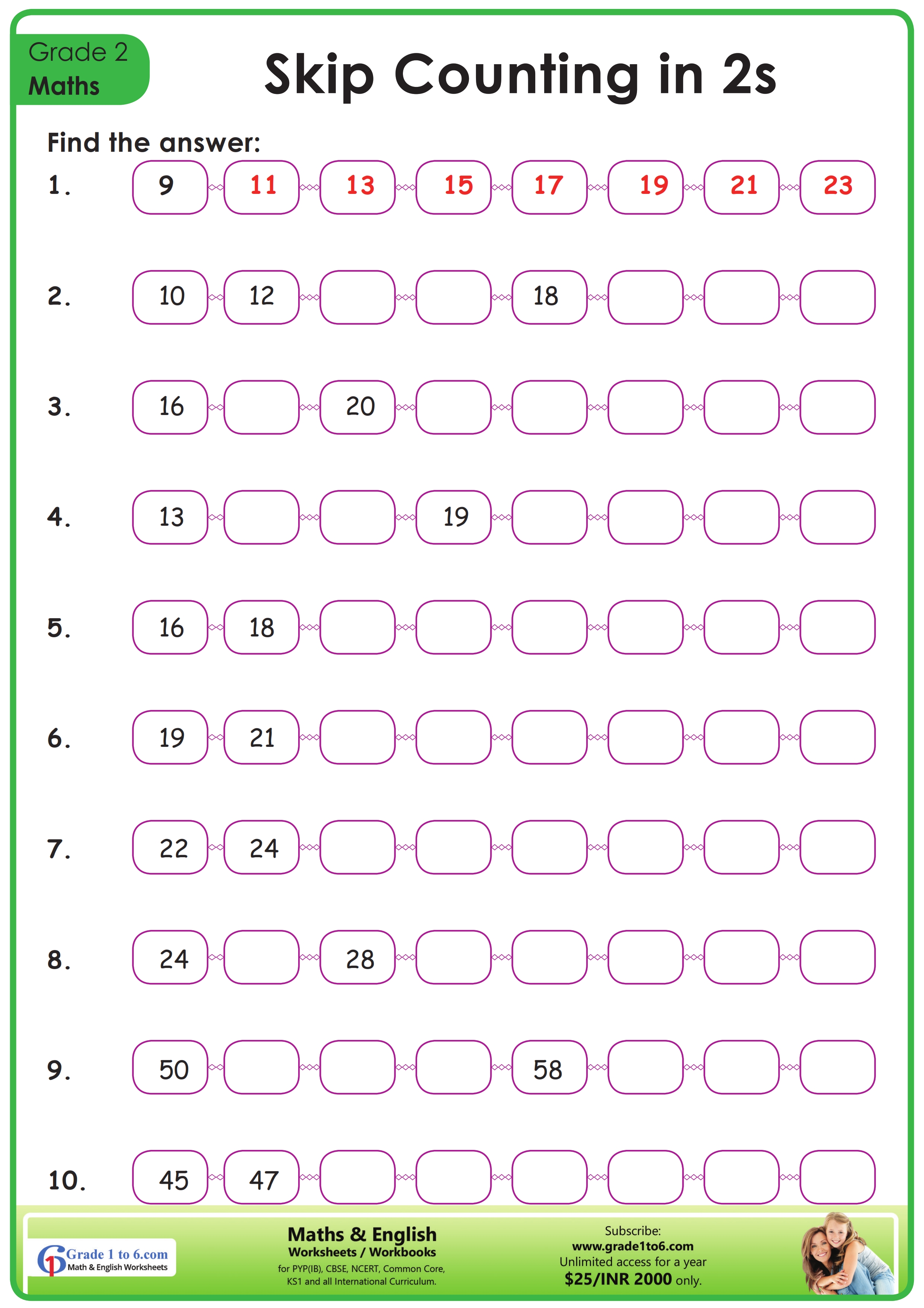 skip counting by 2 worksheet grade1to6com