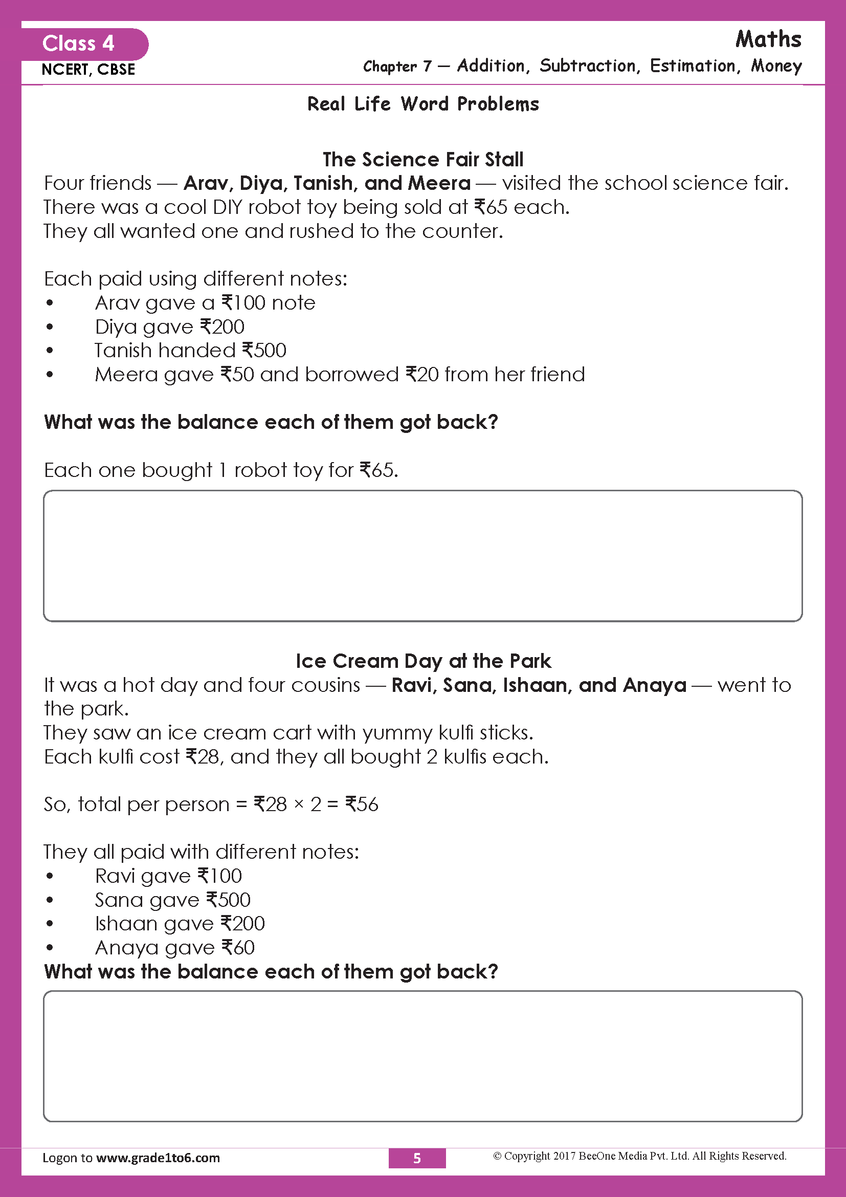 Chapter 7 Addition, Subtraction, Money