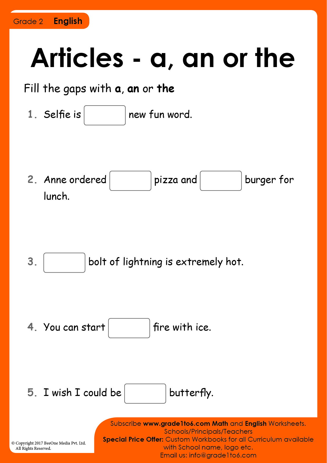 Articles worksheet for Class 2