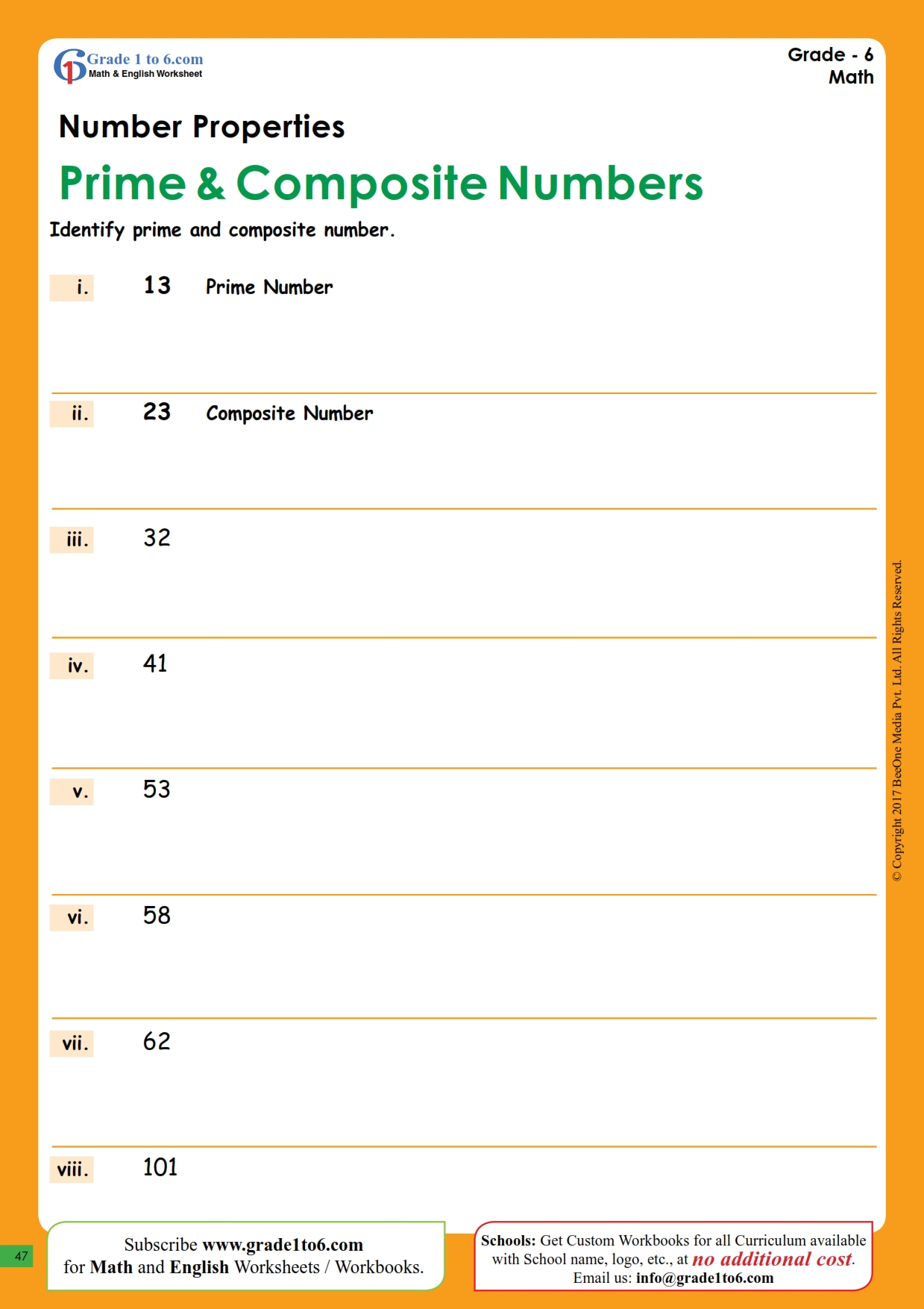 Prime Numbers Worksheet For Grade 6