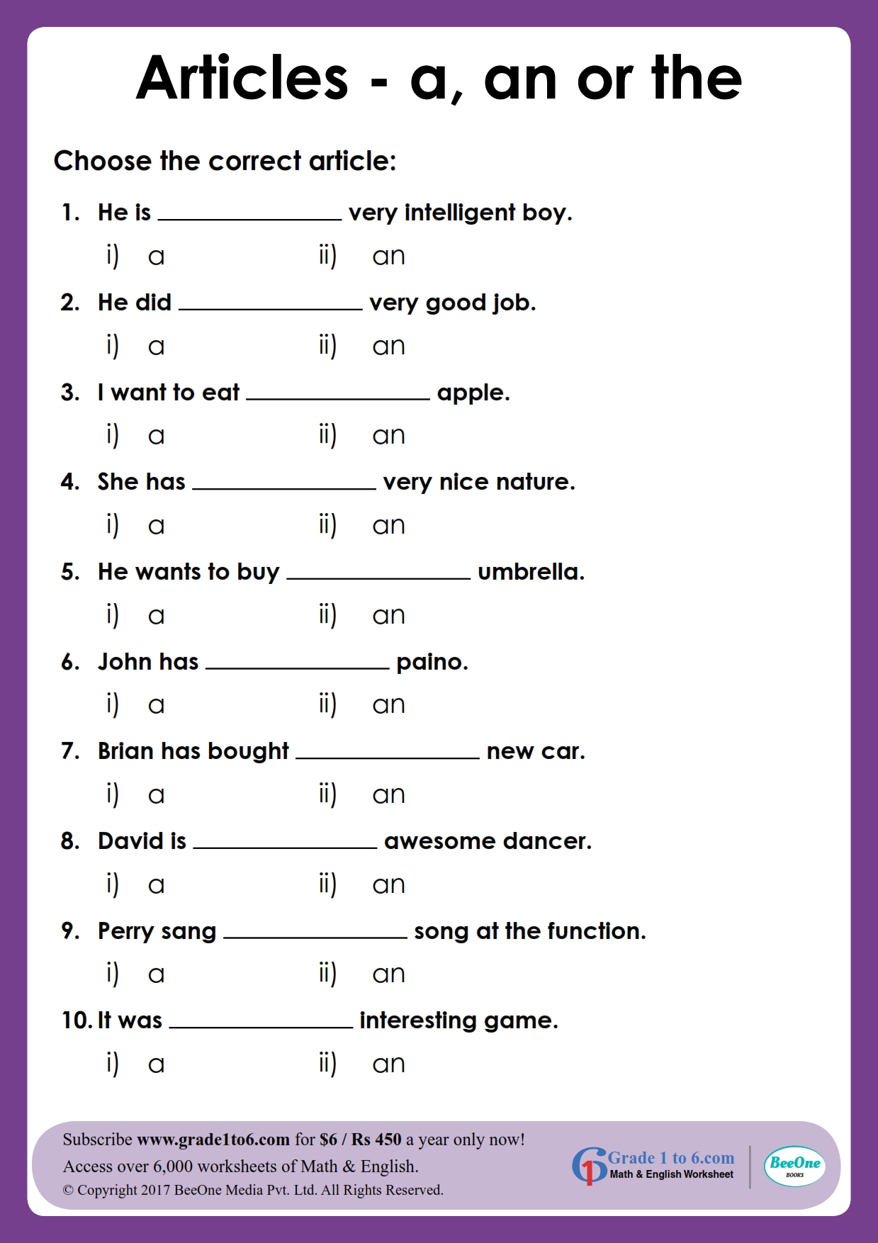 grade 2 articles worksheet with answers