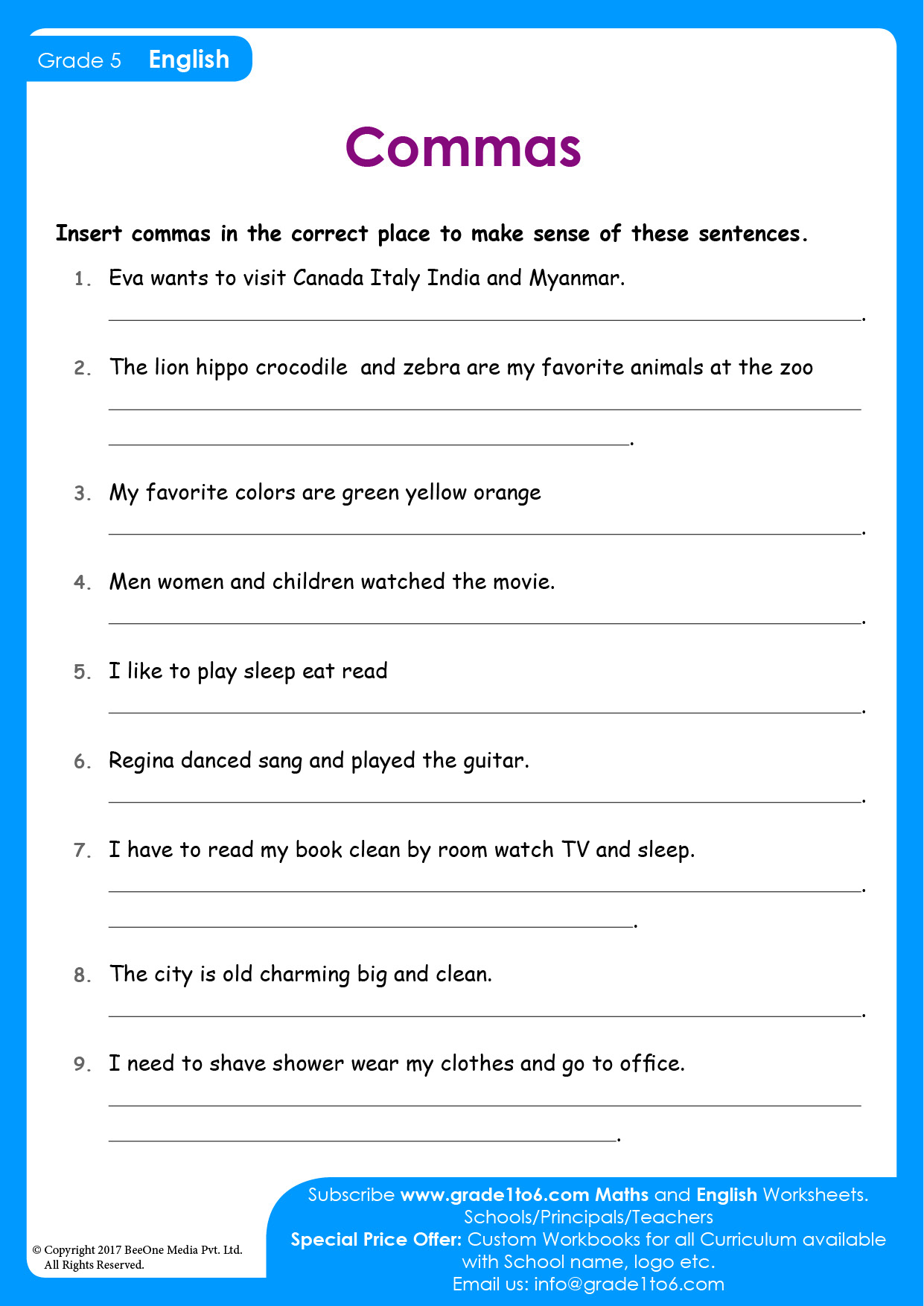 Comma Worksheet for Class 4 and 5 