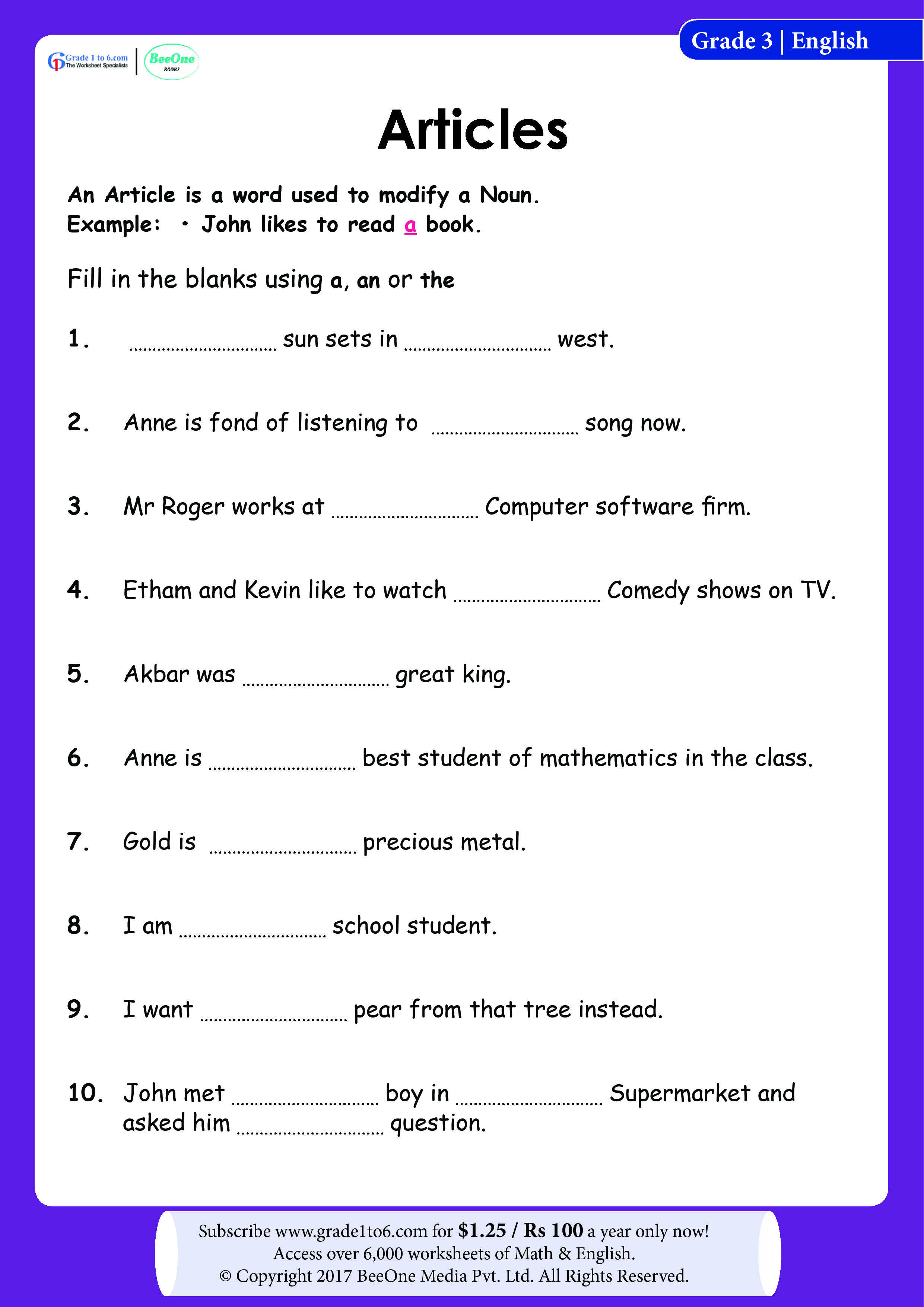 worksheets for grade 3 articles