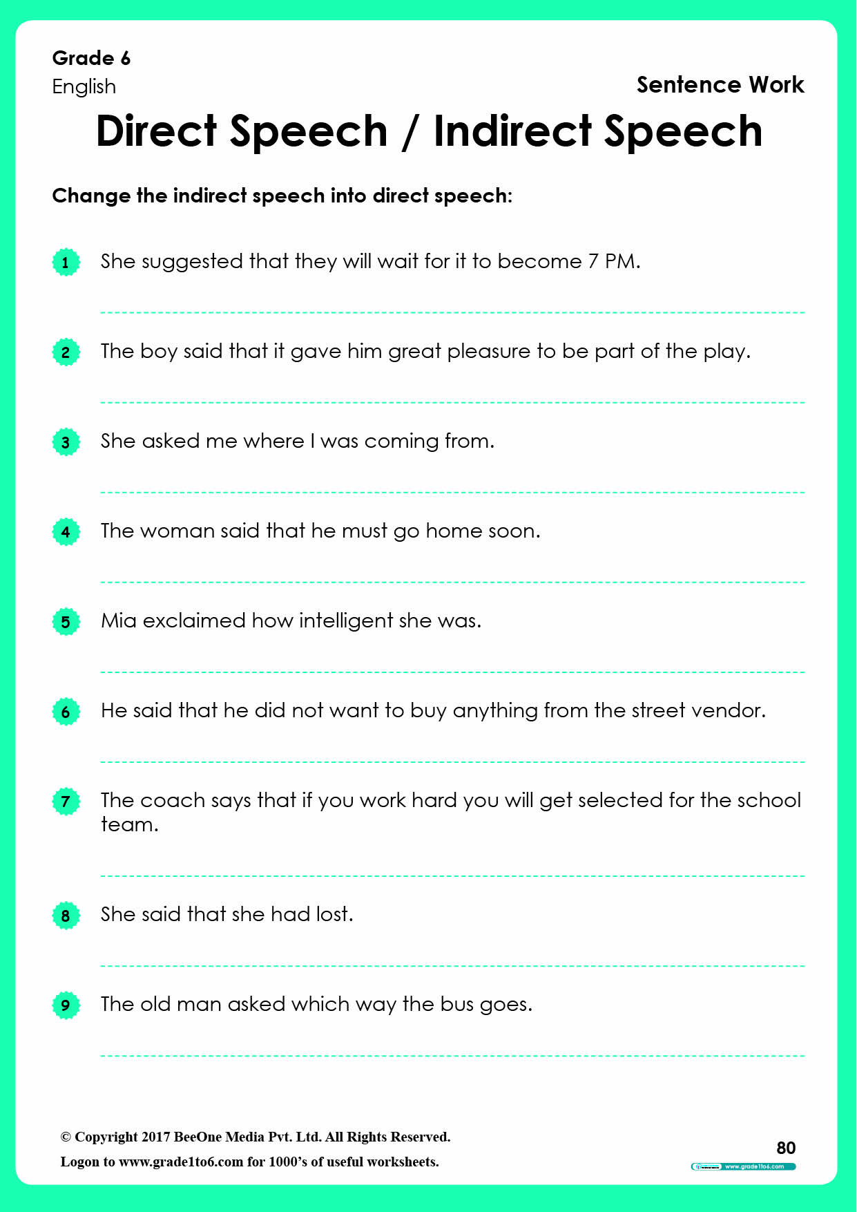 exercise for direct and indirect speech for class 8