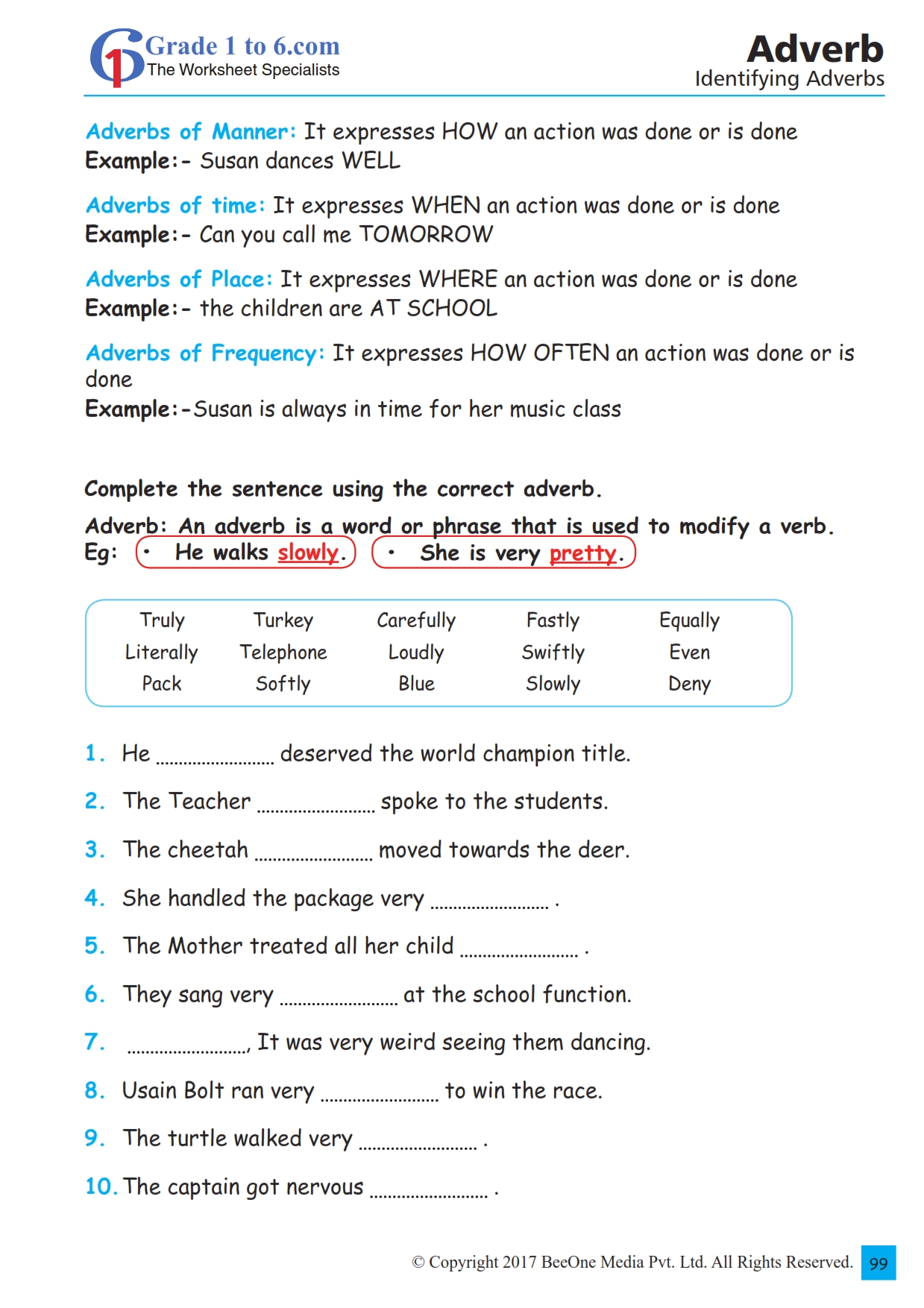 Adverbs Identifying Worksheet For Class 6
