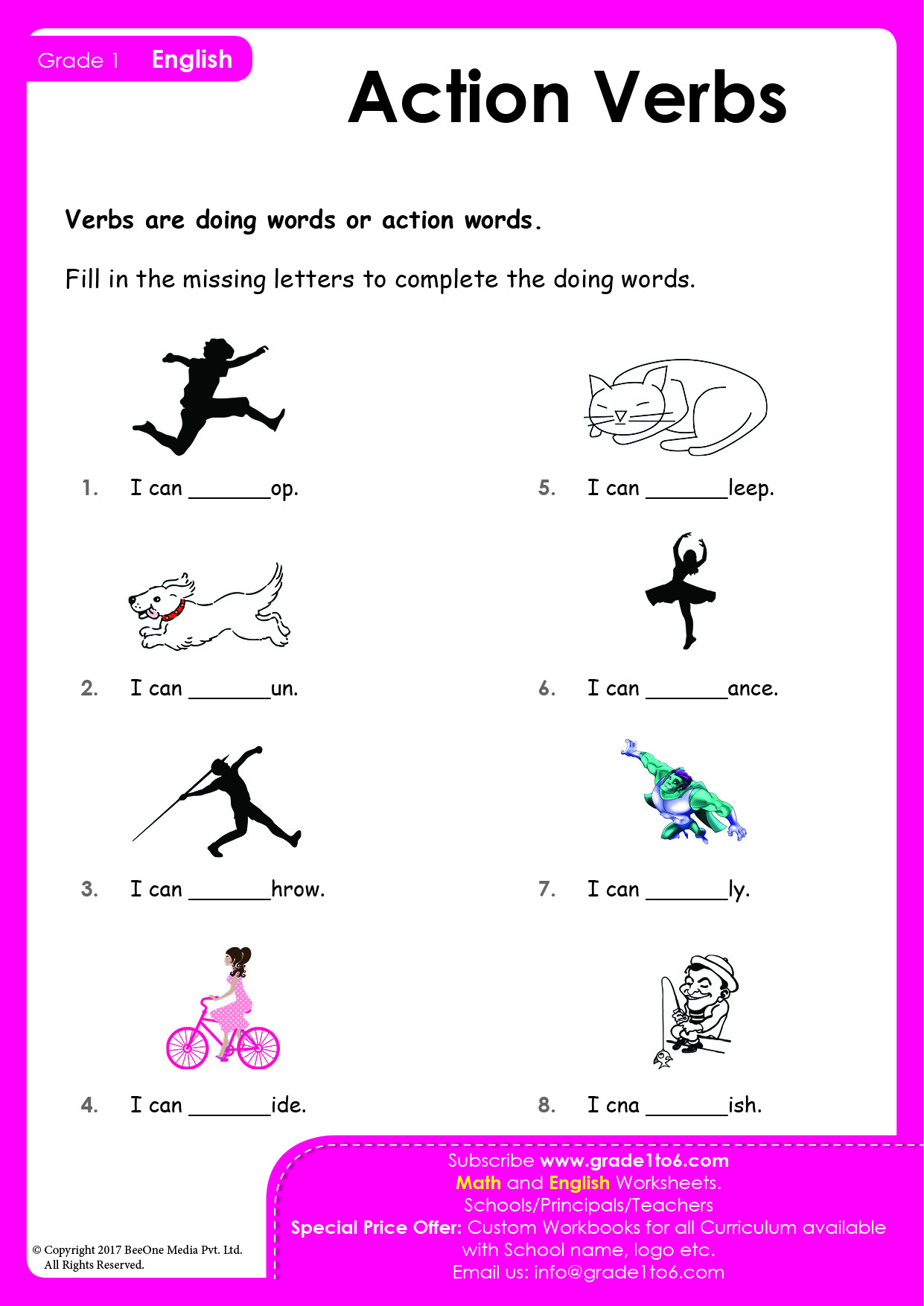 Action Verb Worksheets Grade1to6