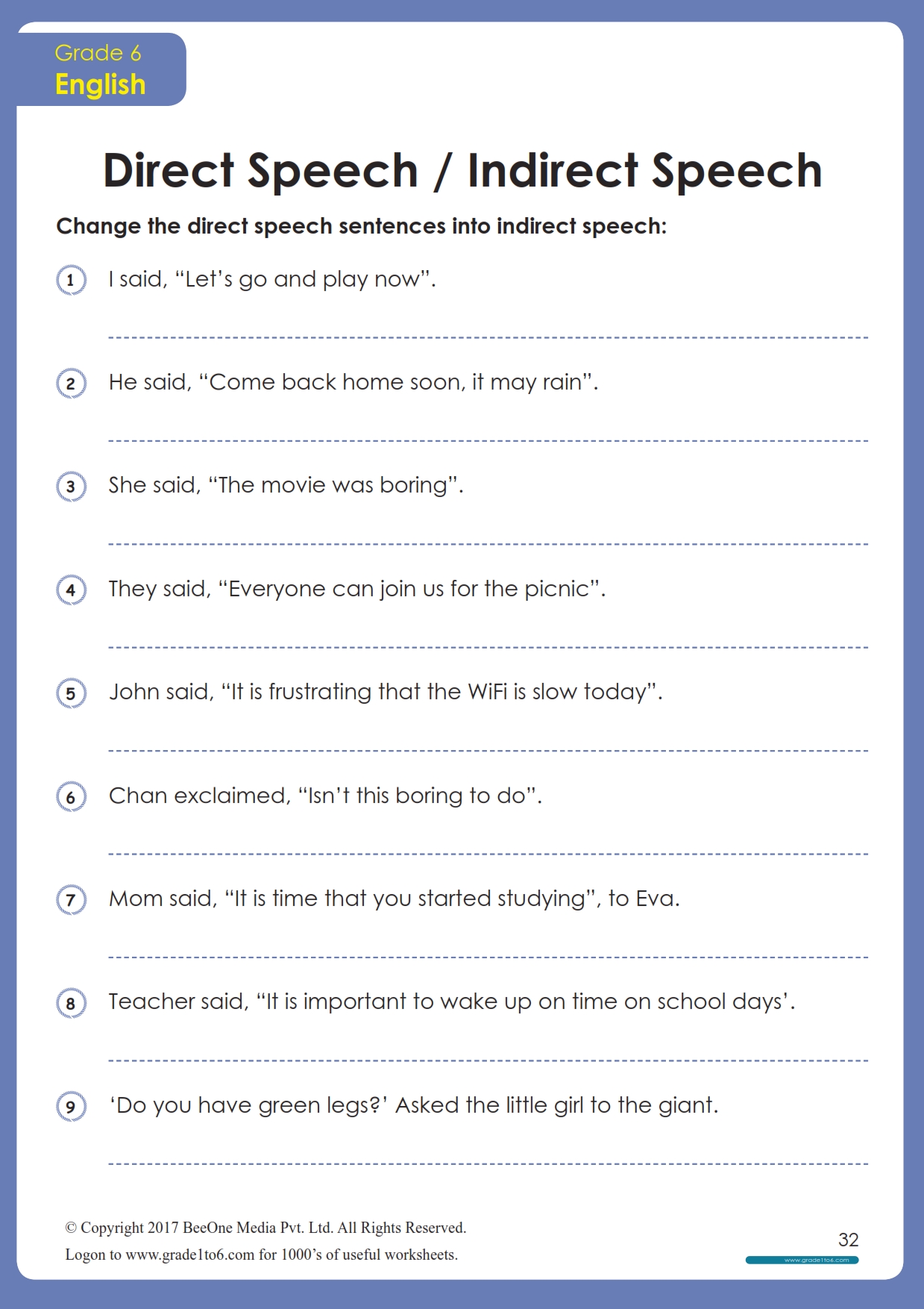 direct indirect speech worksheet grade 6
