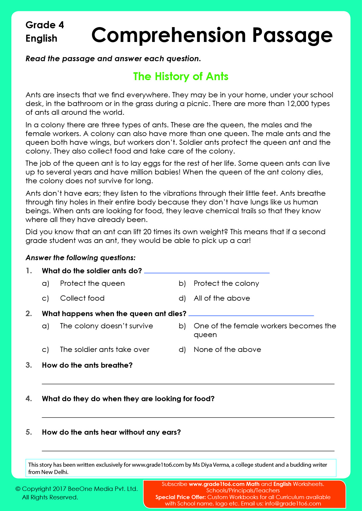 Comprehension Passages for Grade 4 | Grade1to6.com