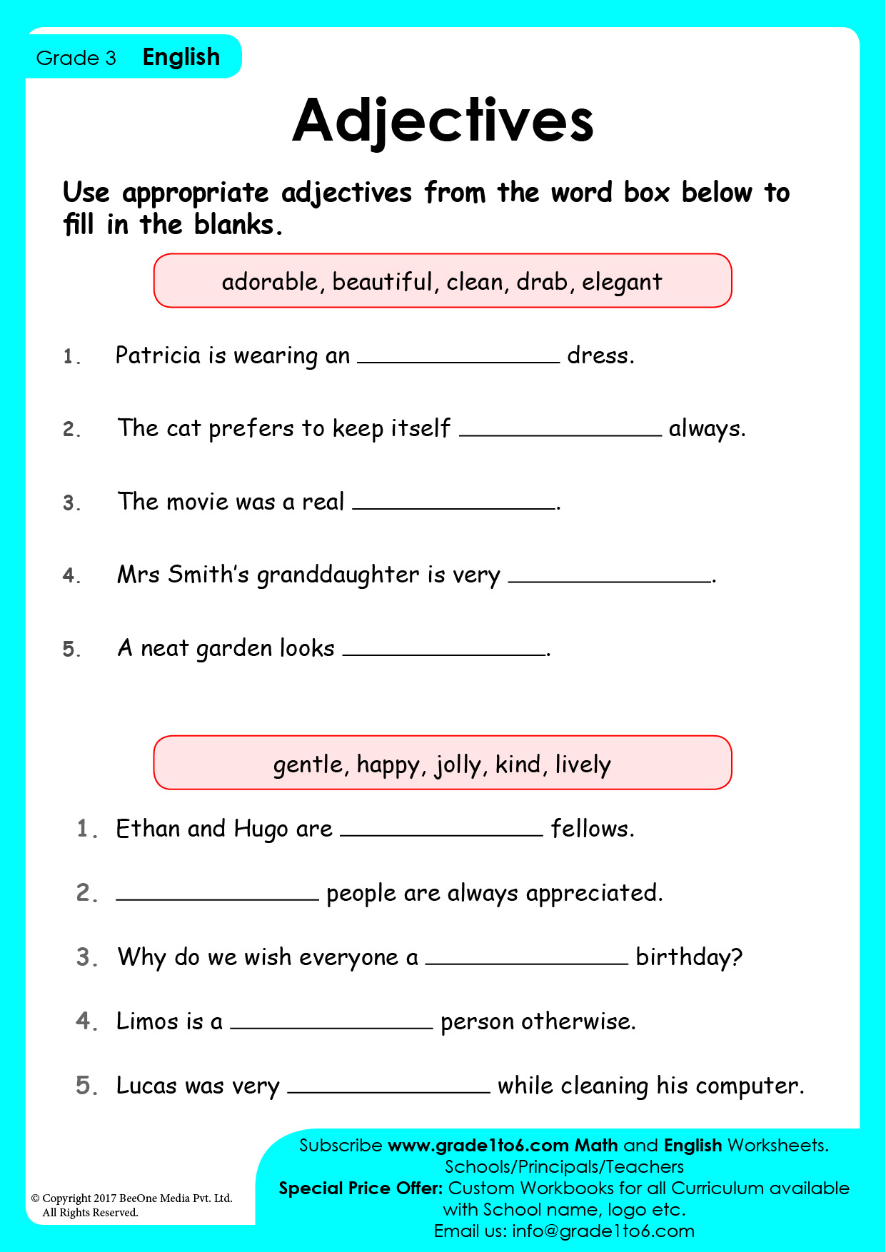 Class 3 Adjectives Worksheet Grade1to6