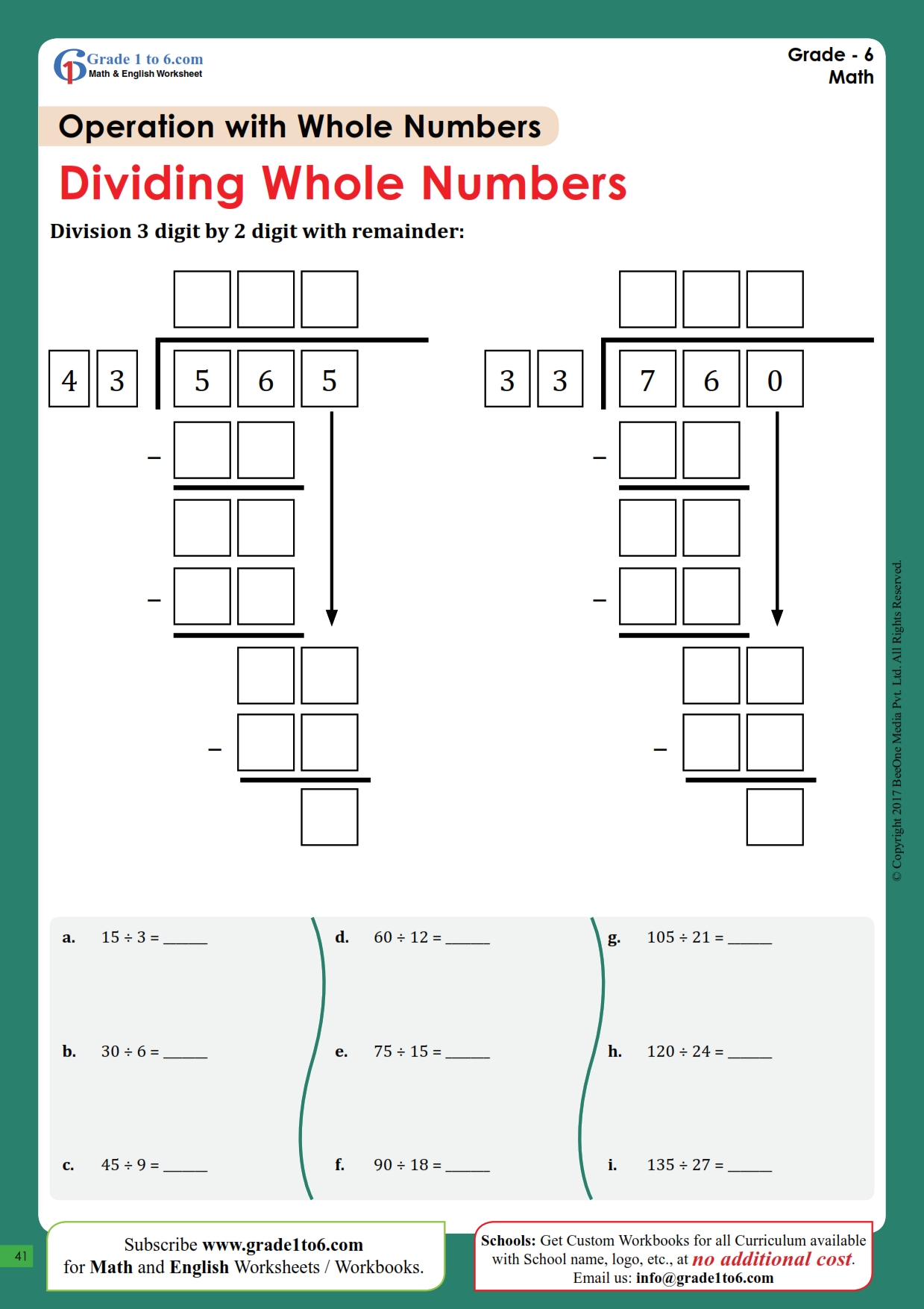 Dividing Whole Numbers Worksheet Grade 6