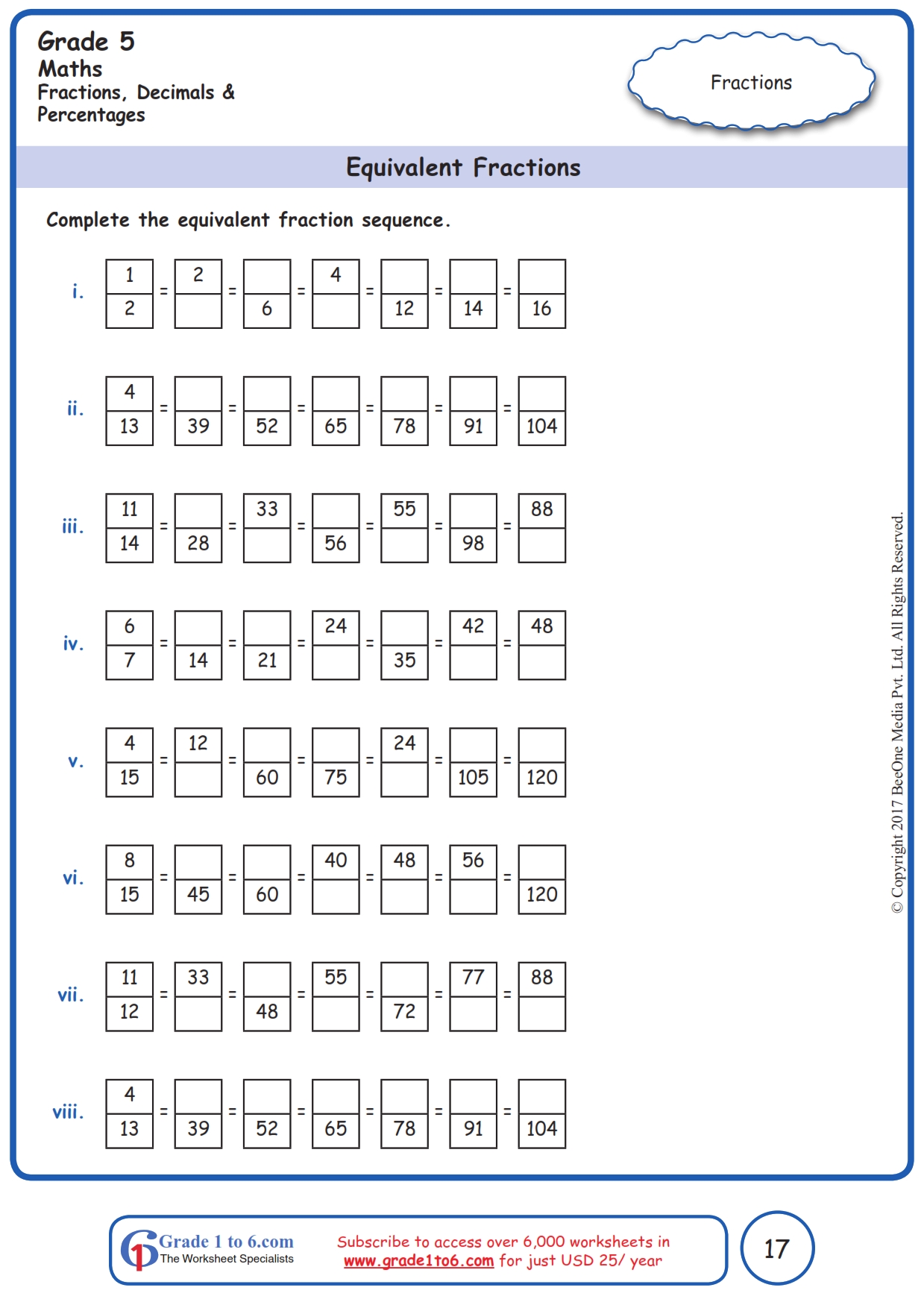 grade 5 equivalent fractions worksheet grade1to6 com