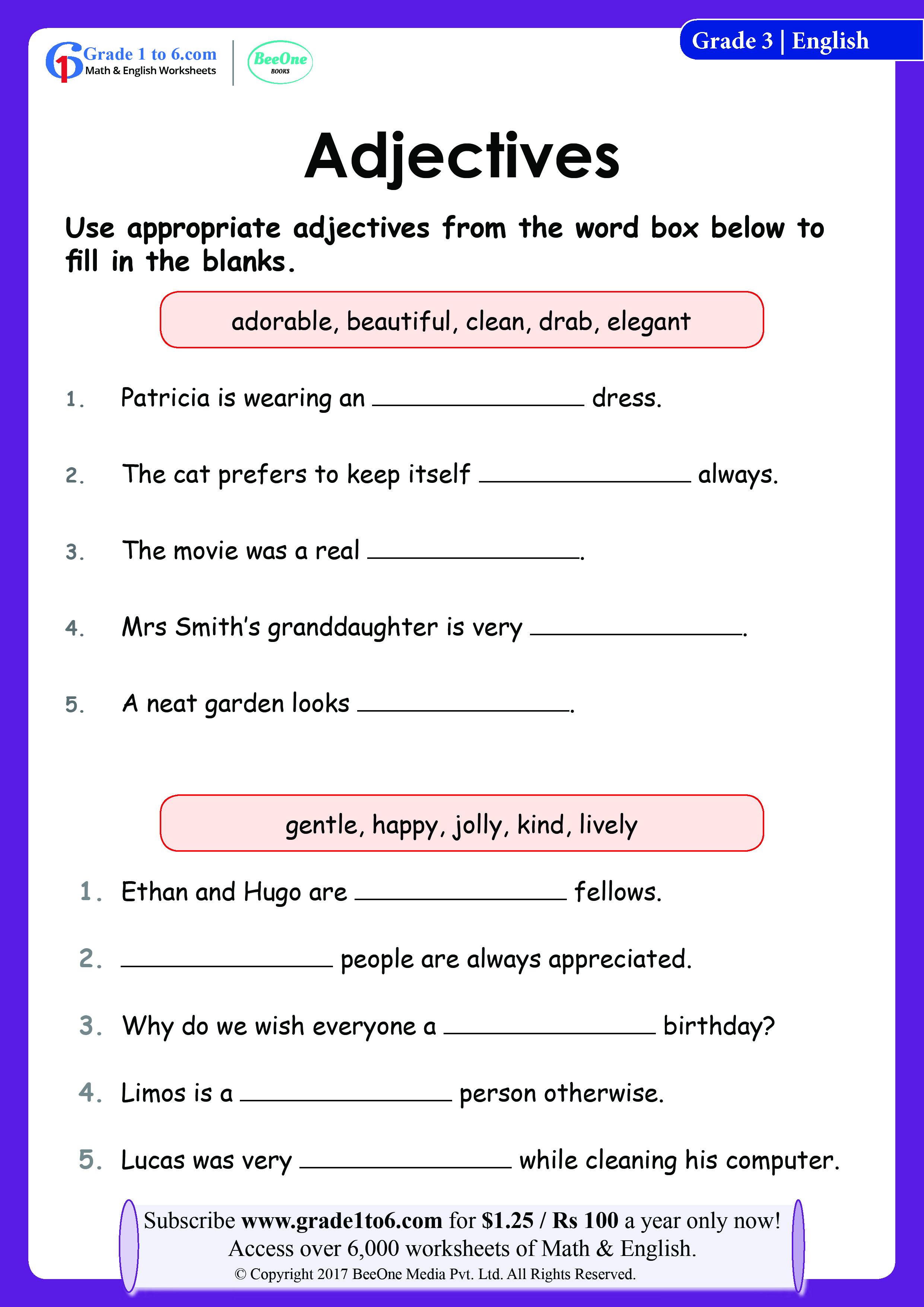 Worksheet For Adjectives Class 3