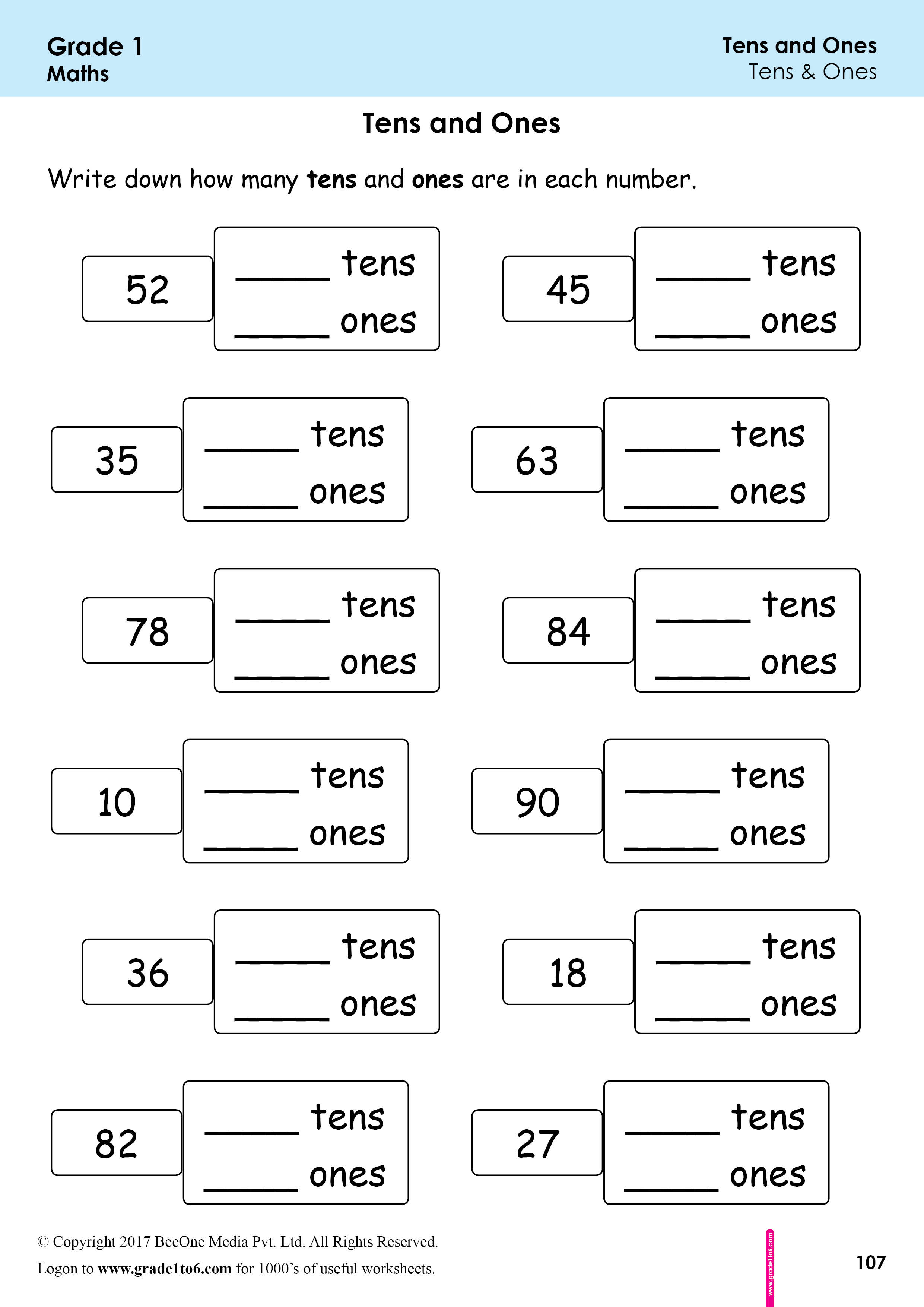 Tens And Ones First Grade Worksheets