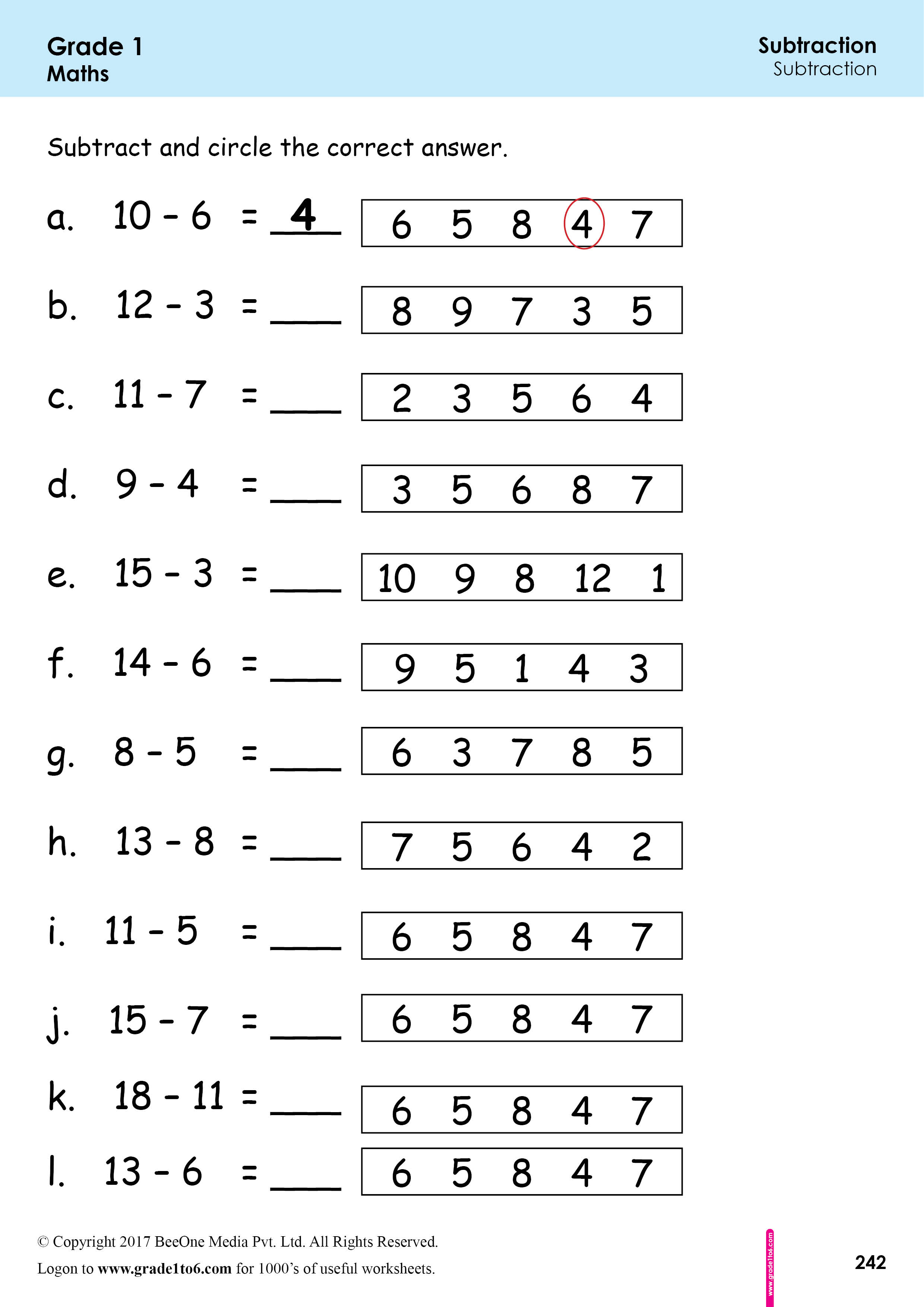 First Grade Subtraction Worksheets|www.grade1to6.com