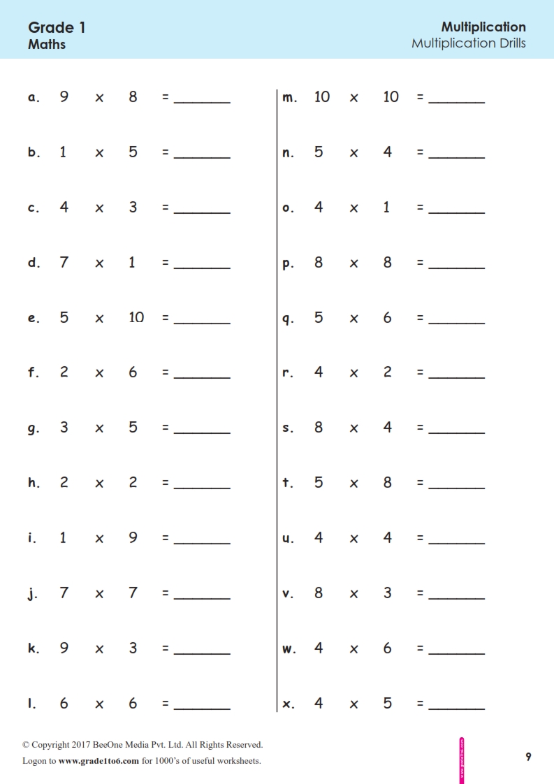 First Grade Class 1 Multiplication Worksheets grade1to6