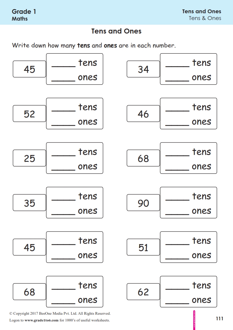 First Grade| Class 1 Tens & Ones Worksheets|grade1to6.com