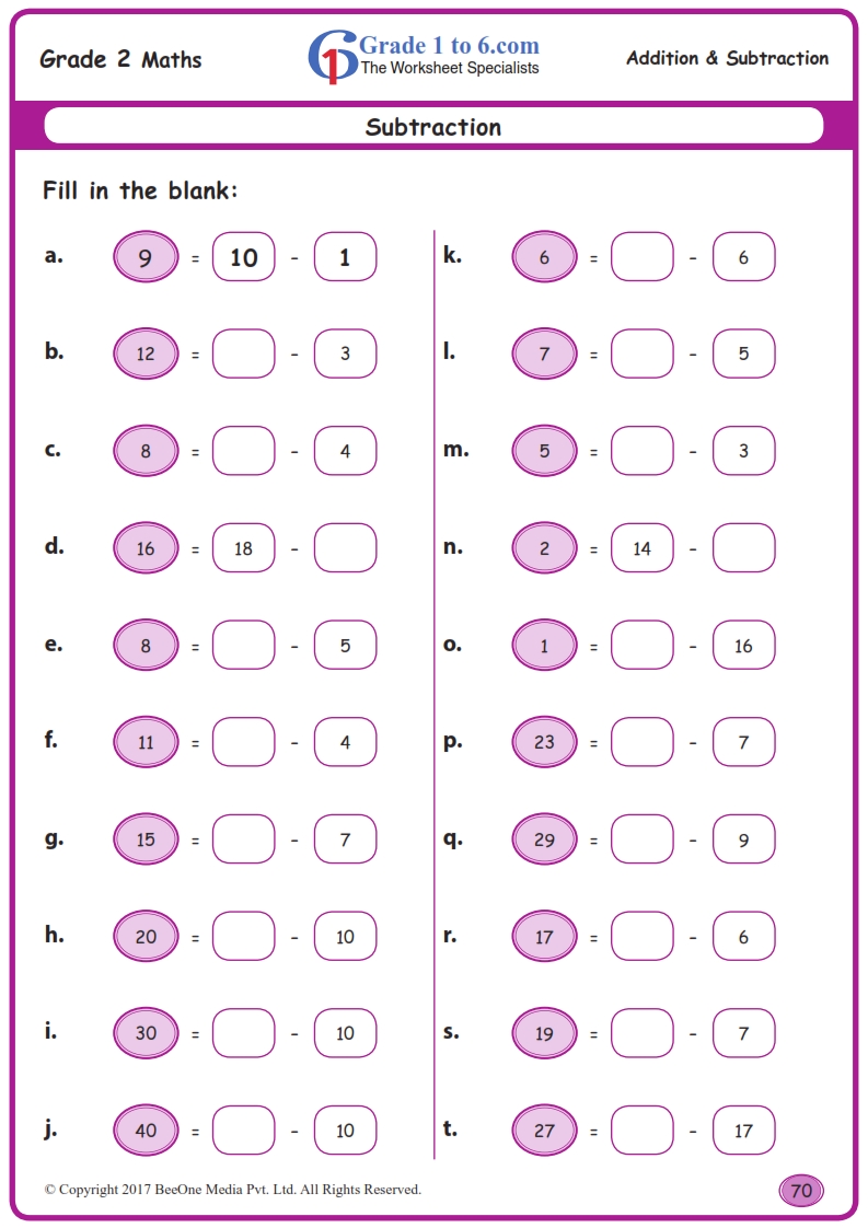 grade 2 subtraction worksheets www grade1to6 com