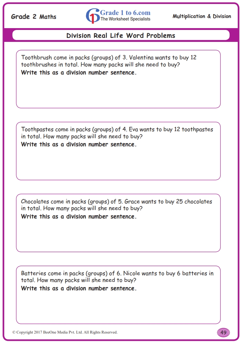 Division Number Sentence Worksheets www grade1to6