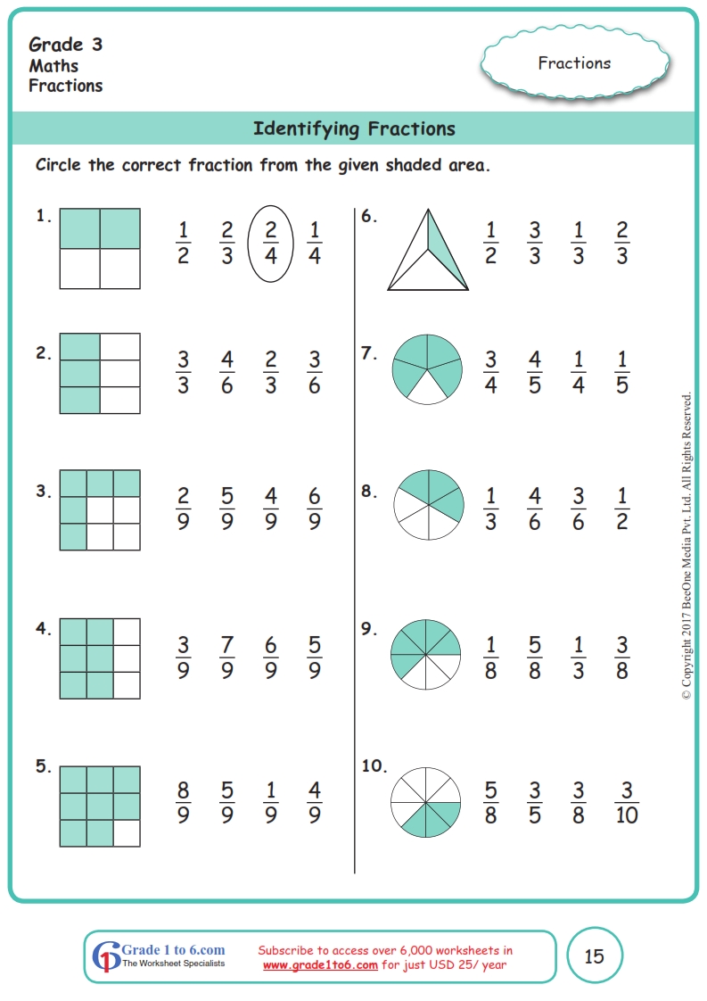 Grade 3 Identifying Fractions Worksheets|www.grade1to6.com
