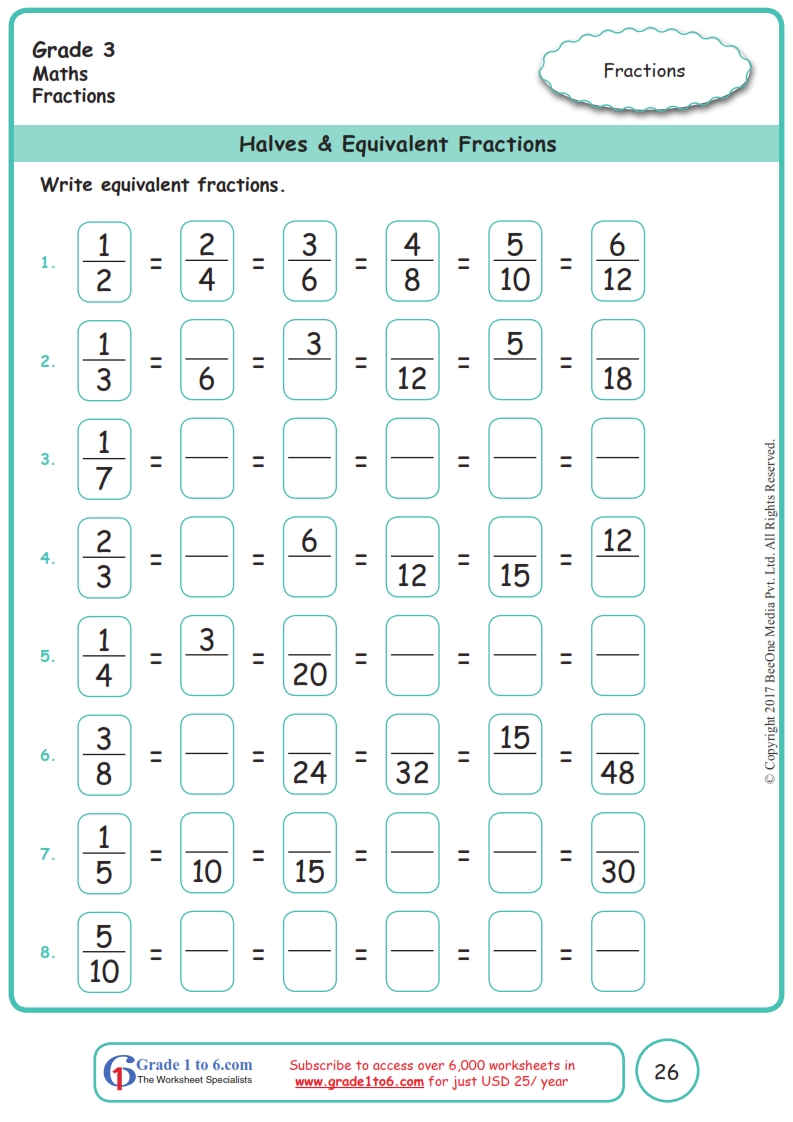 Grade 3 Equivalent Fractions Worksheets|www.grade1to6.com