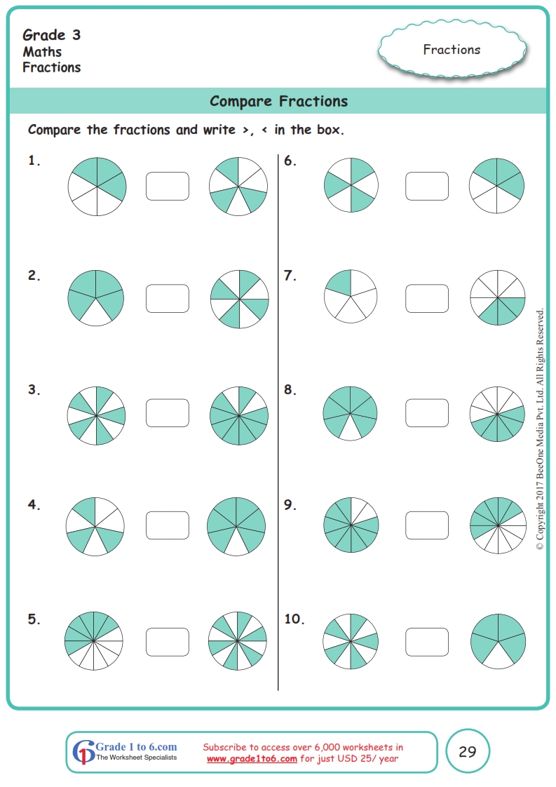 Grade 3 Comparing Fractions Worksheets|www.grade1to6.com