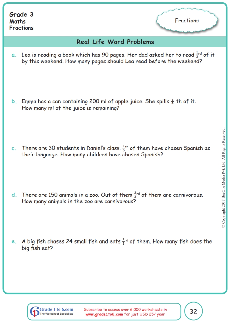 grade 3 fractions word problems worksheets www grade1to6 com