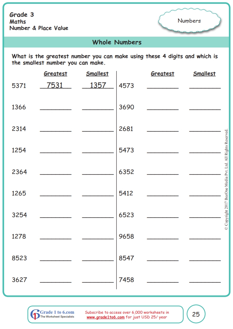 grade 3 whole numbers worksheets www grade1to6 com