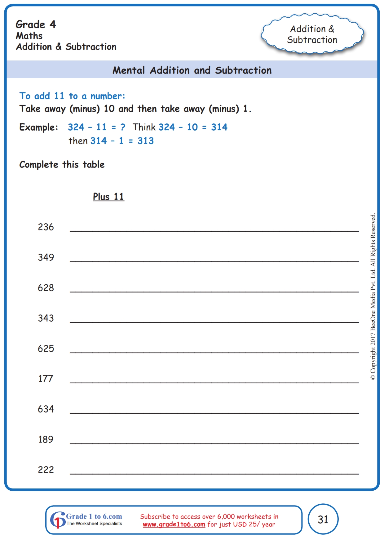mental math addition subtraction worksheets www grade1to6 com