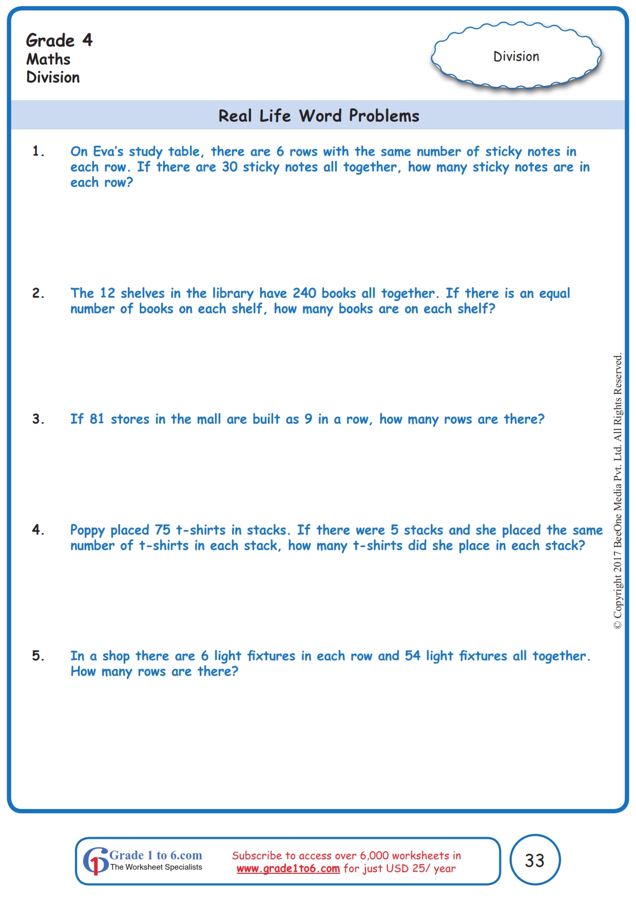 Division Word Problems Worksheets|www.grade1to6.com