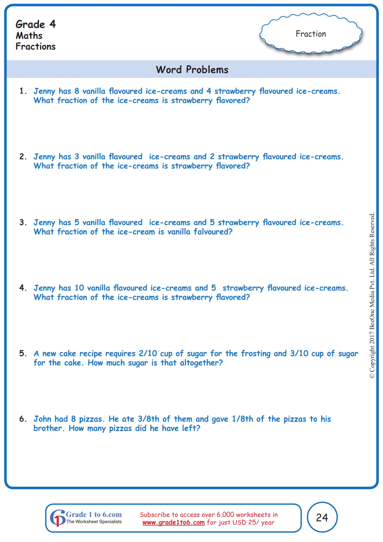 Fractions Word Problems Worksheets|Www.grade1To6.Com
