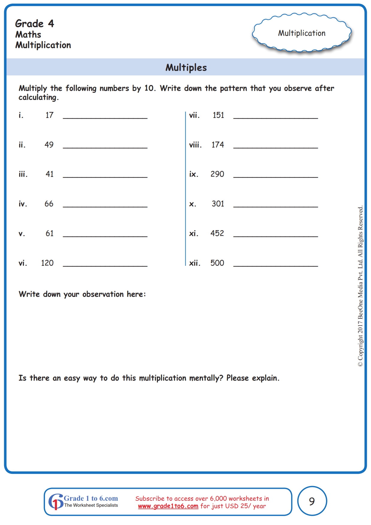 Multiples Worksheet Fourth Grade