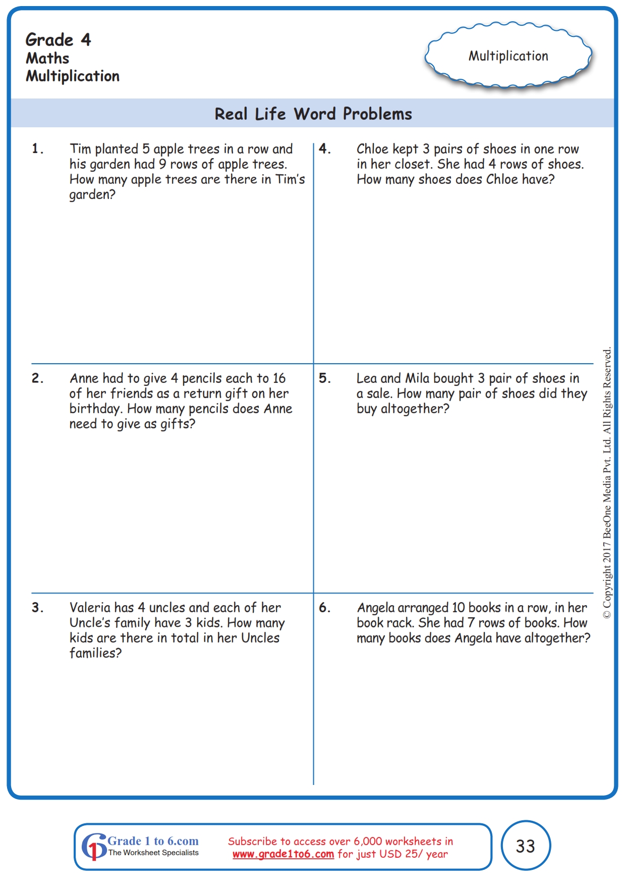 Grade 4 Word Problems on Multiplication Worksheets|www.grade1to6.com